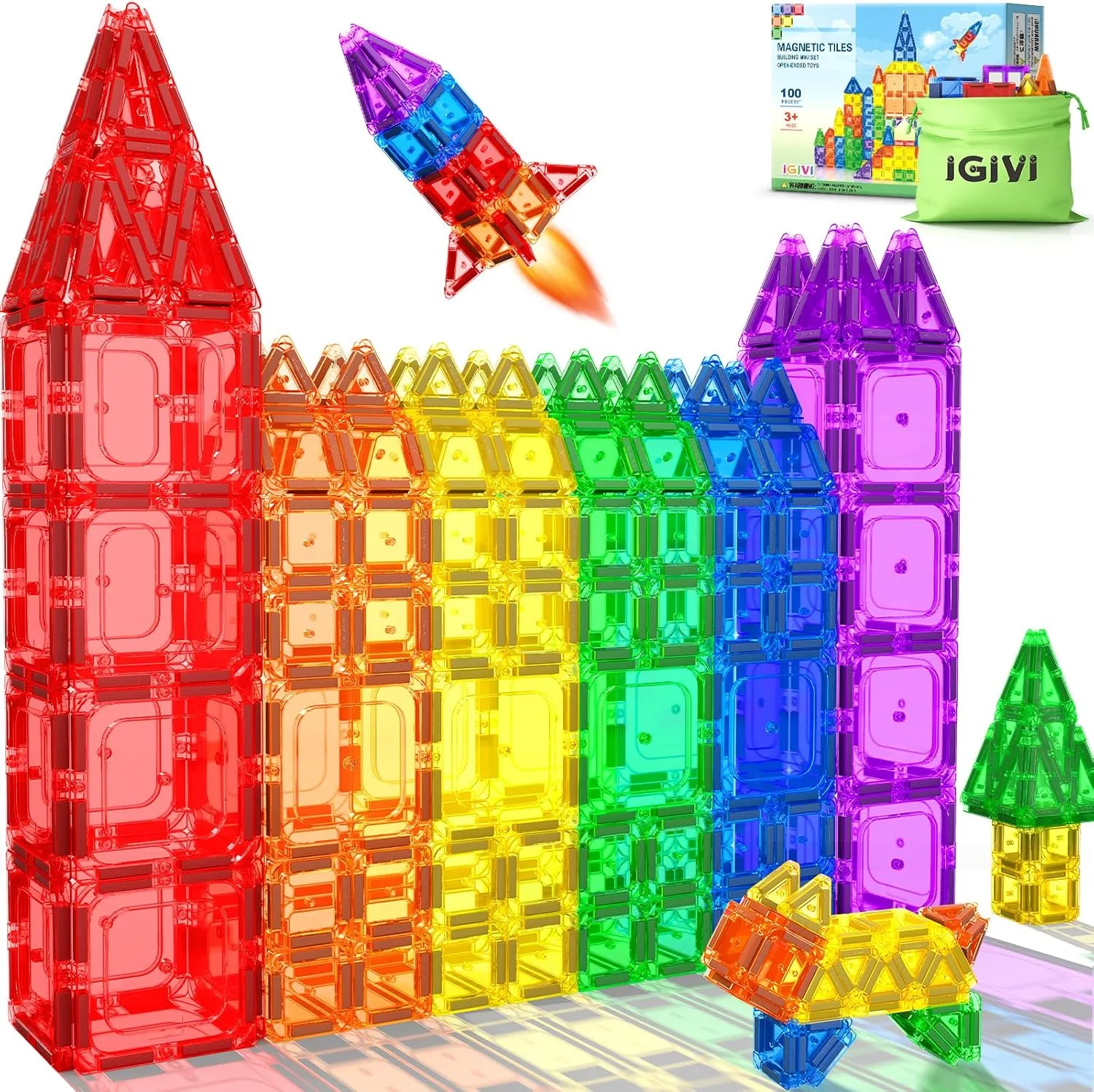 100PCS Magnetic Tiles - Mini Magnetic Blocks for Toddlers, Preschool Educational Toys for Kids Ages 3 , Toddler Essential Travel Toy, Creative Gift for Boys & Girls