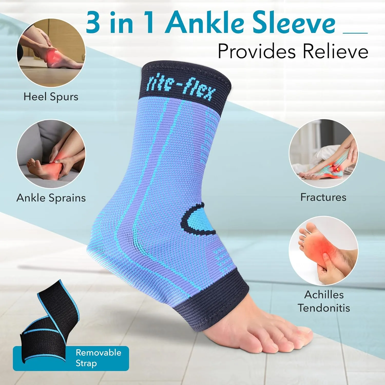 3-in-1 Ankle Compression Sleeve with Silicone Heel Pad - Ankle Brace for Sprains, Foot Fatigue, Post Surgery, Plantar Fasciitis Relief & Support (2, Small)