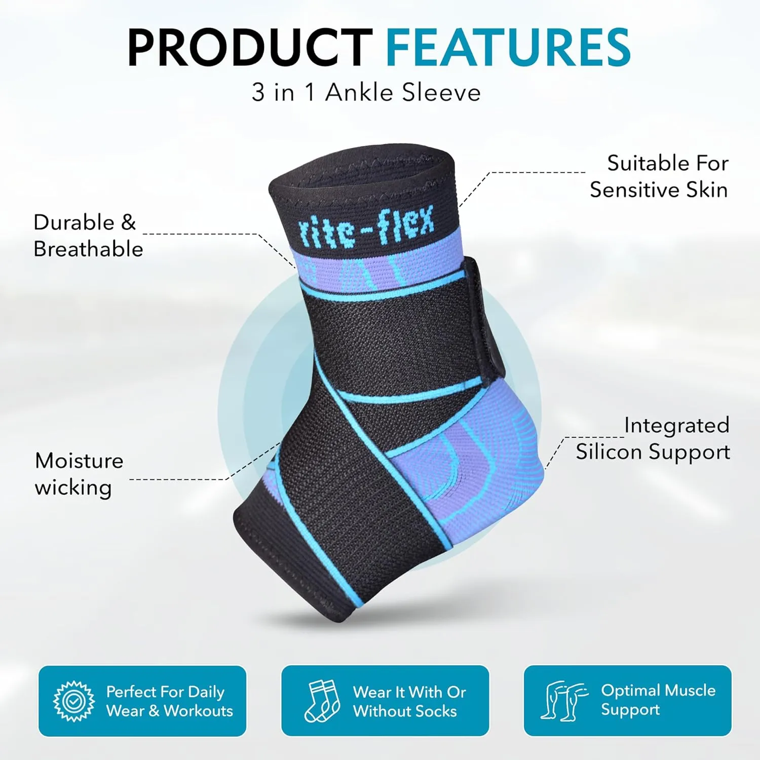 3-in-1 Ankle Compression Sleeve with Silicone Heel Pad - Ankle Brace for Sprains, Foot Fatigue, Post Surgery, Plantar Fasciitis Relief & Support (2, Small)