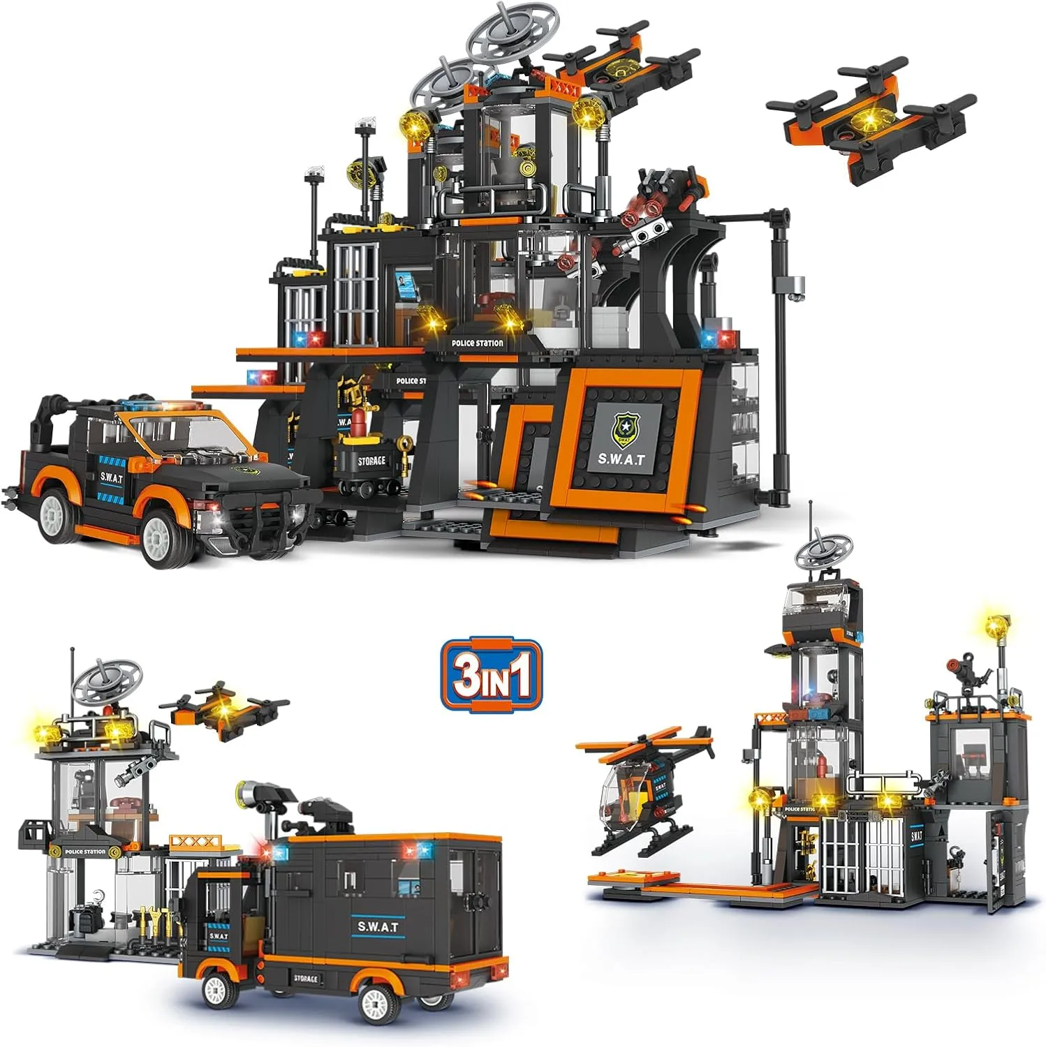 3 in 1 City Police Chase Building Set, Compatible with Lego City Police Station, Creative Police Car Police Truck & Helicopter Building Toys for Boys 8-12, Birthday Gift for Adults Kids (619 PCS)
