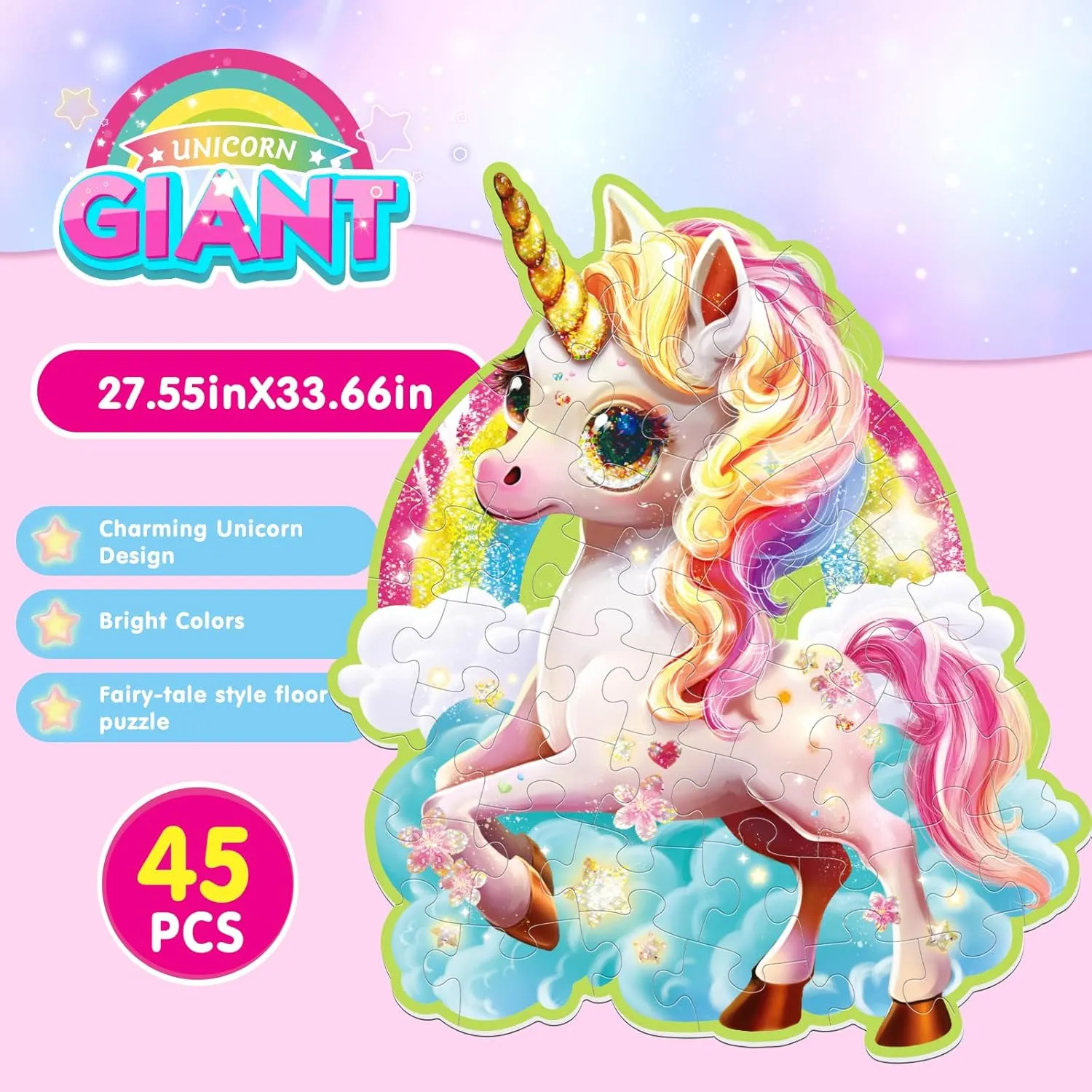 45 Pcs Unicorn Giant Floor Puzzle for Kids Ages 3-8, Big Large Toddler Puzzle, Jumbo Rainbow Puzzle