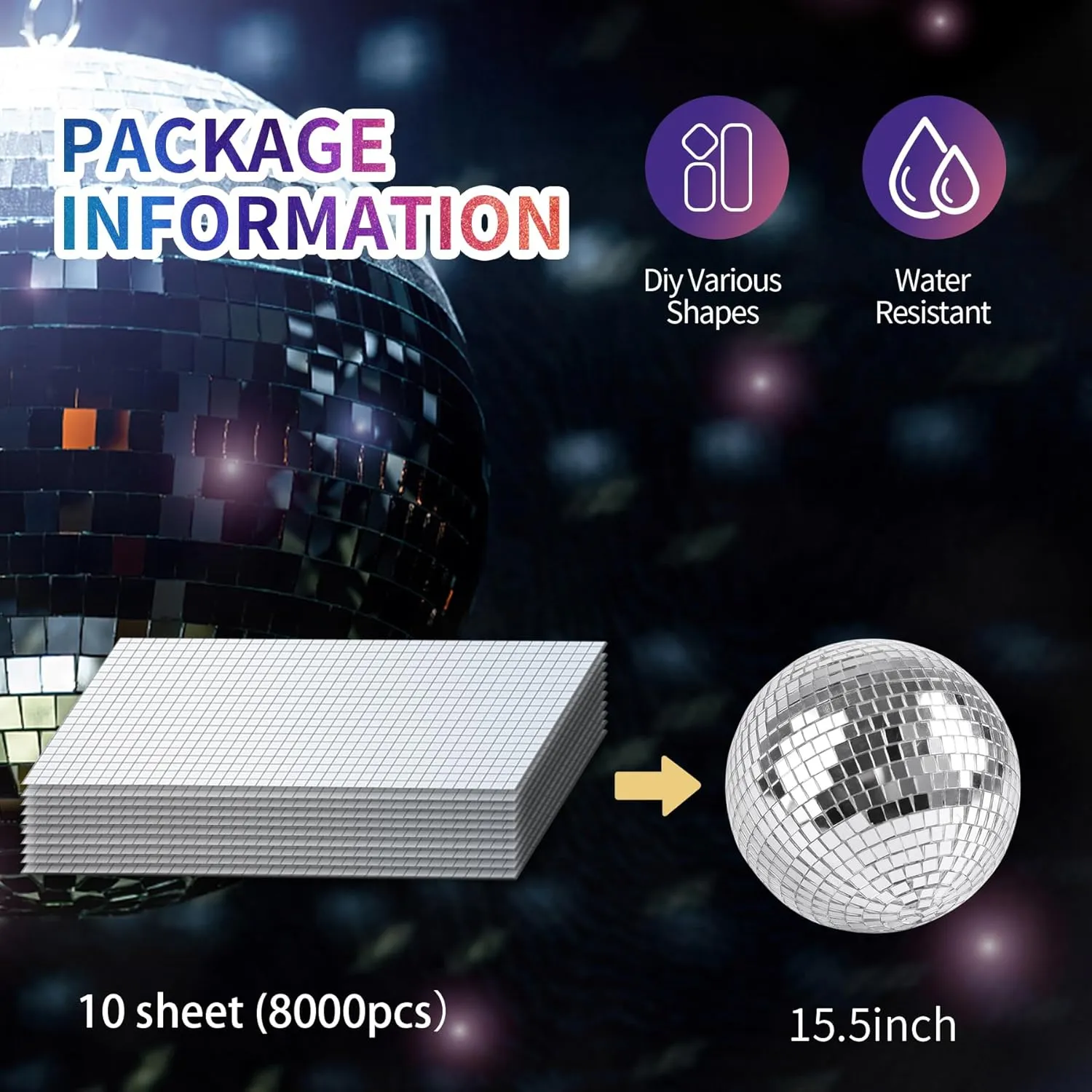 8000 PCS Disco Mirror Tiles, 7.5 x 7.5 mm Self Adhesive Mosaic Tiles for Disco Ball Decor, DIY Craft Party Decoration