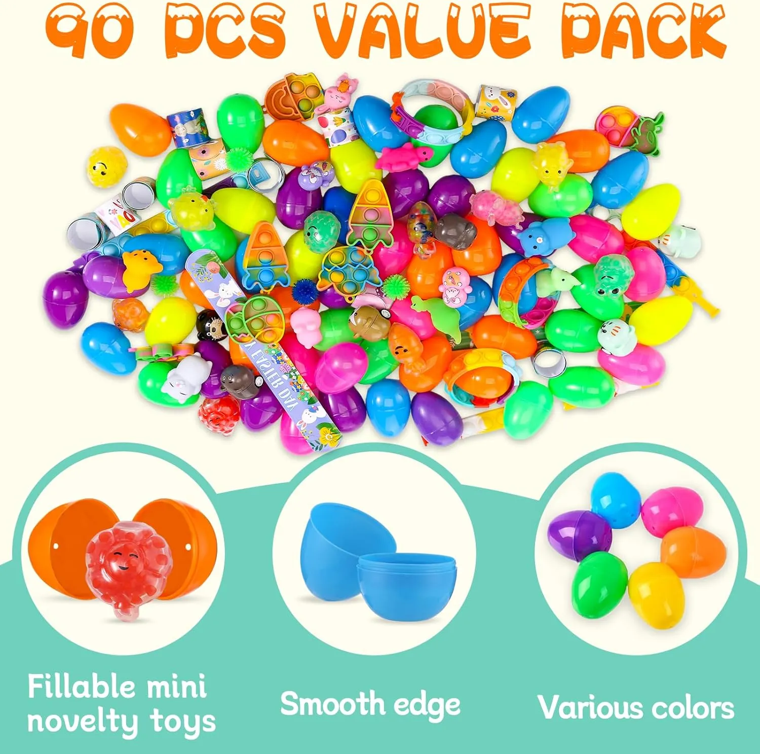 90 PCS Easter Eggs Prefilled with Toys Inside, Easter Hunting Basket Goodie Bag Stuffers, Fidget Toys Assortment Box Birthday Party Supplies