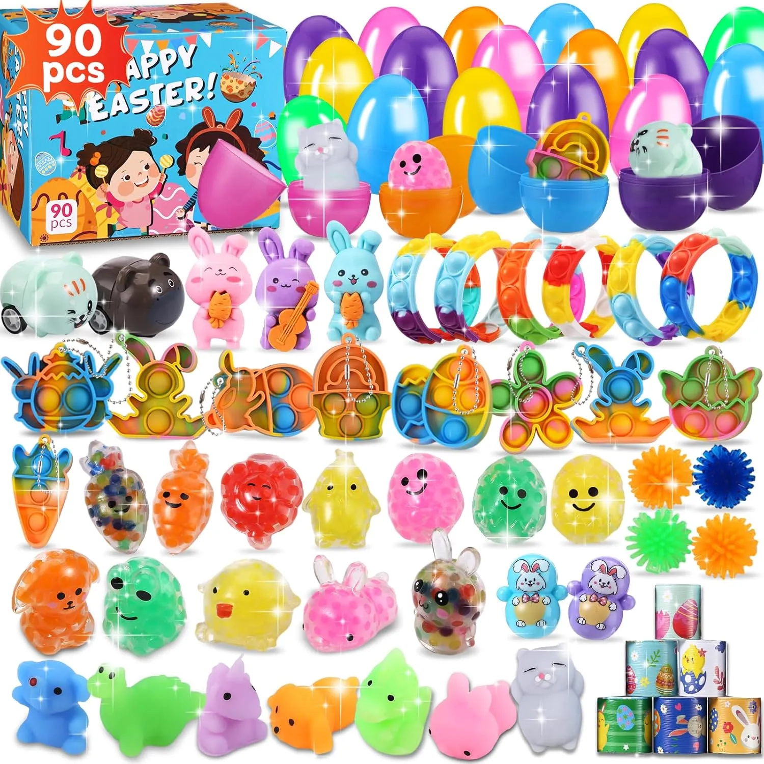 90 PCS Easter Eggs Prefilled with Toys Inside, Easter Hunting Basket Goodie Bag Stuffers, Fidget Toys Assortment Box Birthday Party Supplies