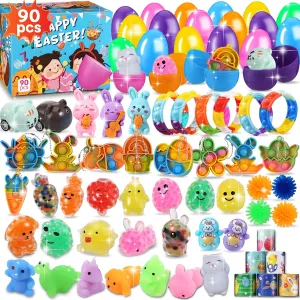 90 PCS Easter Eggs Prefilled with Toys Inside, Easter Hunting Basket Goodie Bag Stuffers, Fidget Toys Assortment Box Birthday Party Supplies