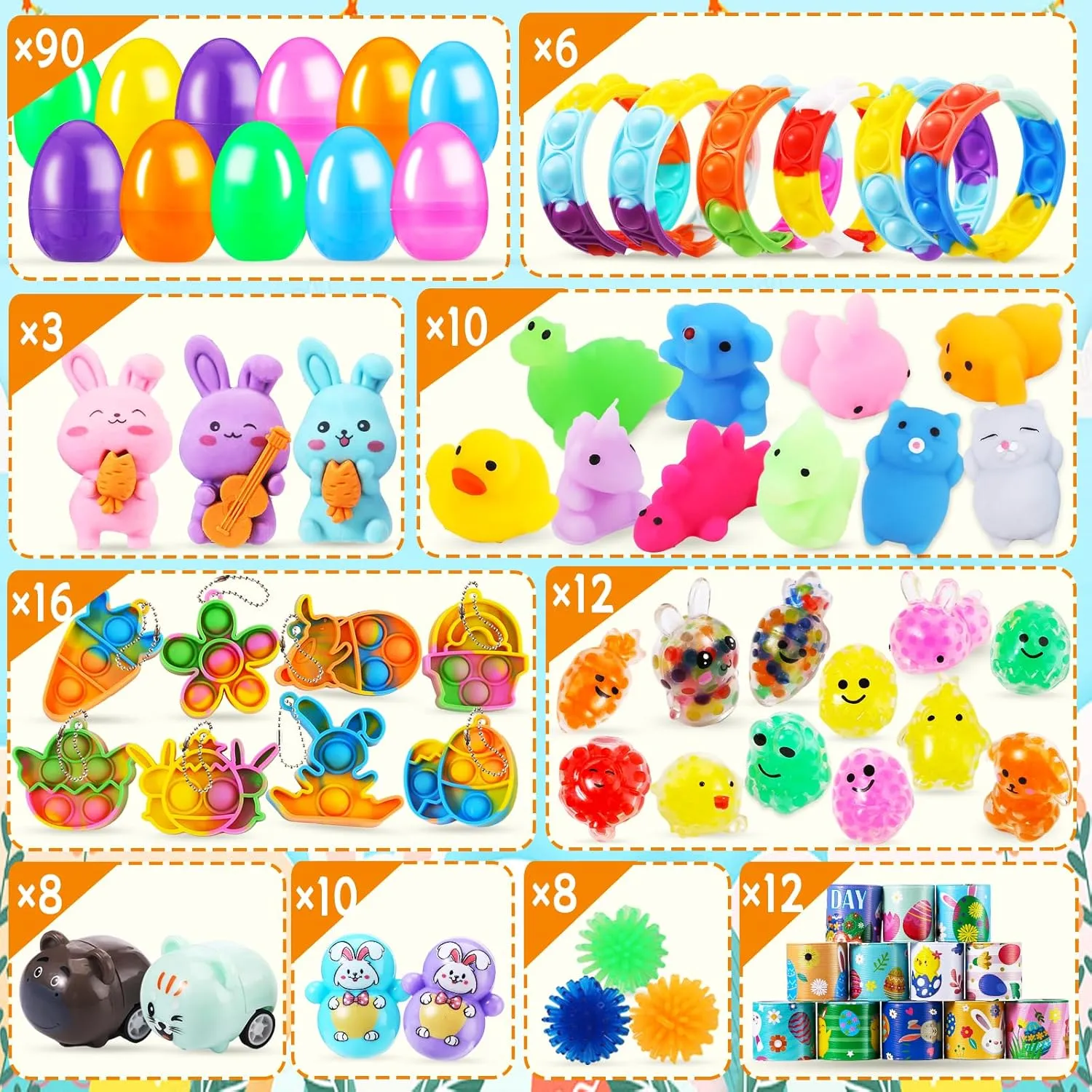 90 PCS Easter Eggs Prefilled with Toys Inside, Easter Hunting Basket Goodie Bag Stuffers, Fidget Toys Assortment Box Birthday Party Supplies