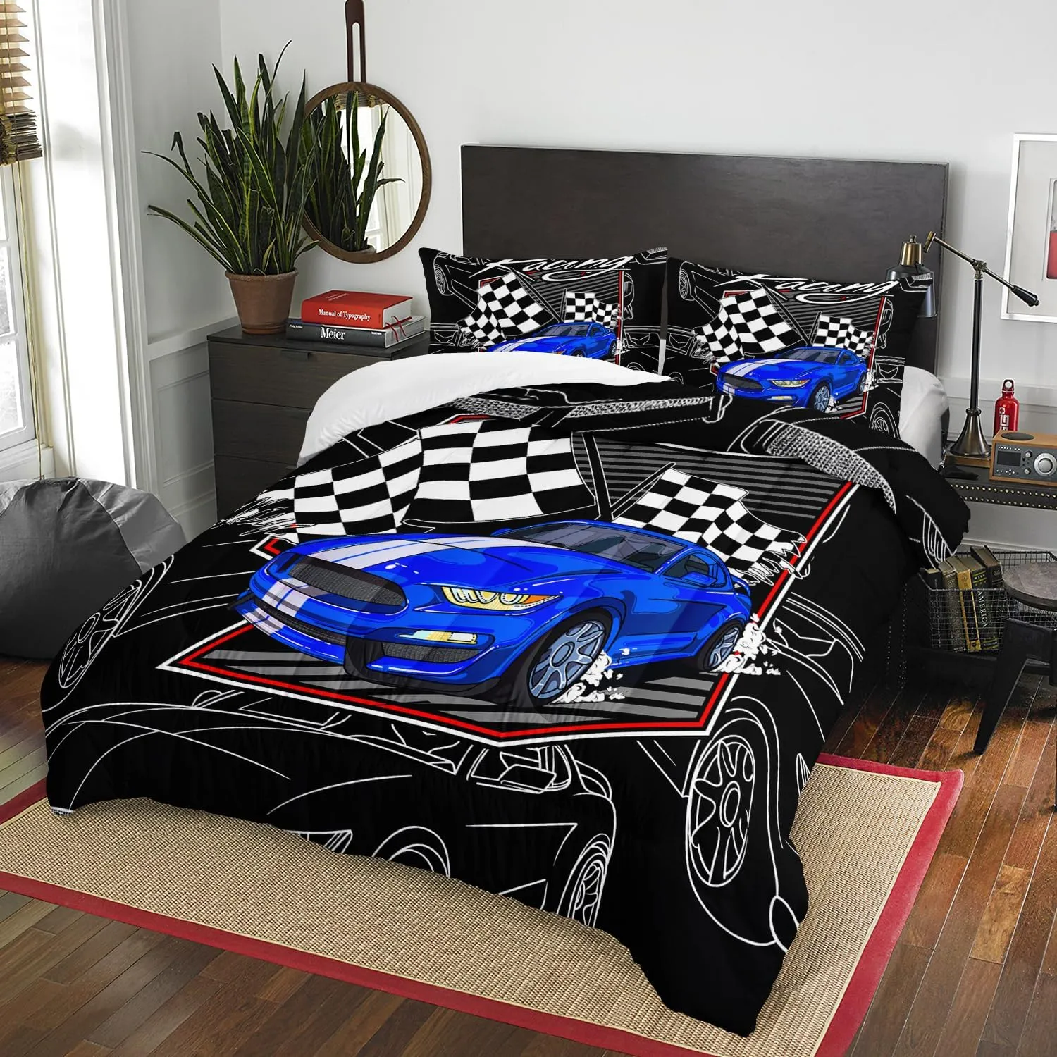 AILONEN Blue Racing Car Comforter Set Twin Size, Racing Flag Black White Bedding Set for Boys Kids Teens,Extreme Sports Bed in a Bag 3Pcs,1 Quilt and 2 Pillowcases,Soft Microfiber for All Season