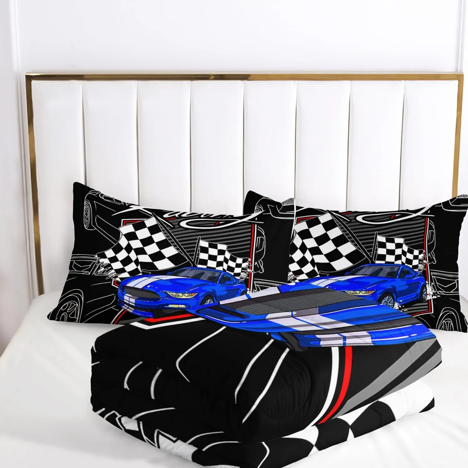 AILONEN Blue Racing Car Comforter Set Twin Size, Racing Flag Black White Bedding Set for Boys Kids Teens,Extreme Sports Bed in a Bag 3Pcs,1 Quilt and 2 Pillowcases,Soft Microfiber for All Season