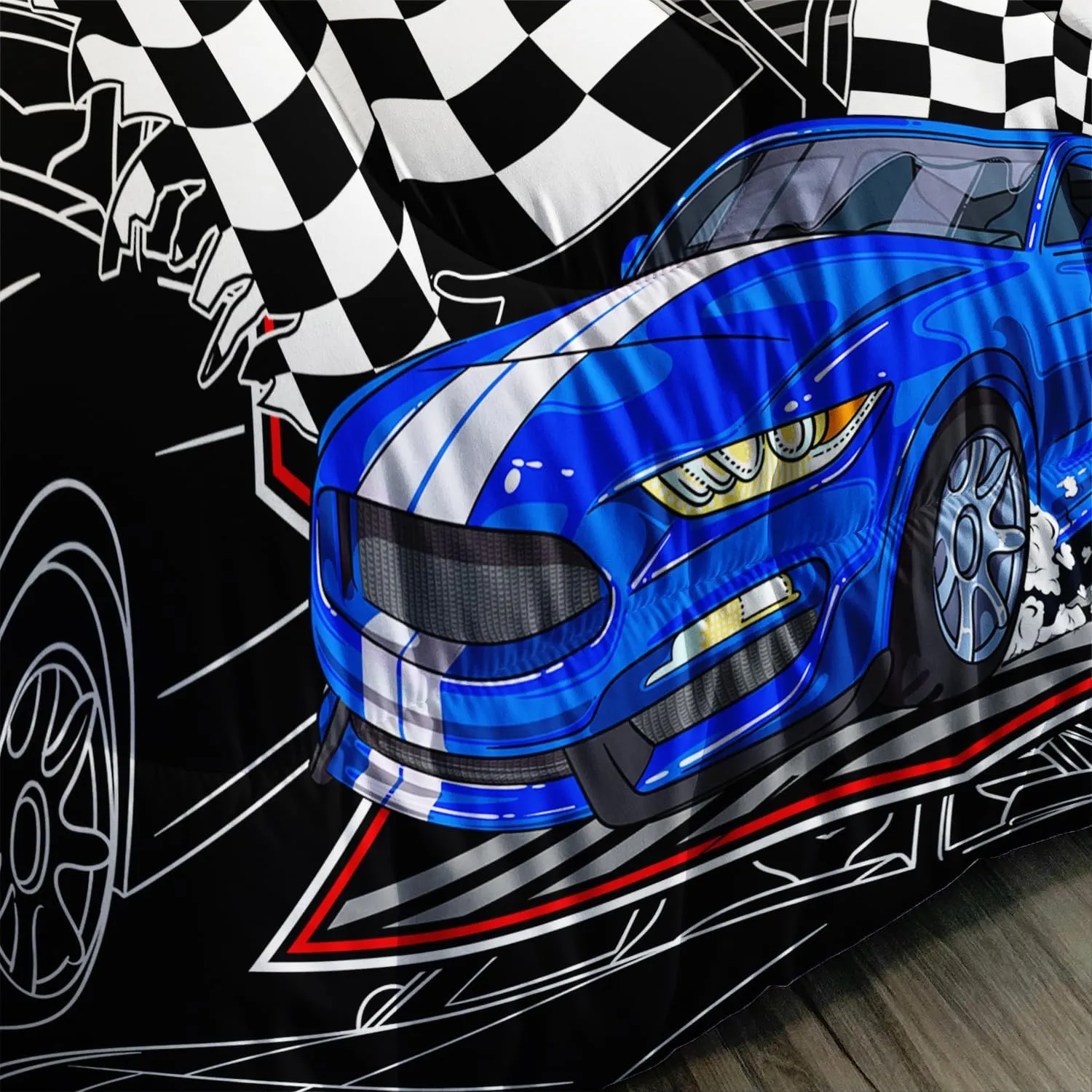 AILONEN Blue Racing Car Comforter Set Twin Size, Racing Flag Black White Bedding Set for Boys Kids Teens,Extreme Sports Bed in a Bag 3Pcs,1 Quilt and 2 Pillowcases,Soft Microfiber for All Season