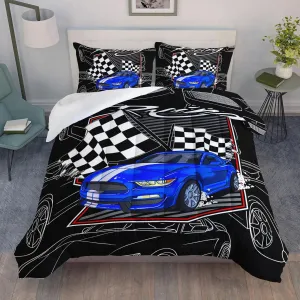 AILONEN Blue Racing Car Comforter Set Twin Size, Racing Flag Black White Bedding Set for Boys Kids Teens,Extreme Sports Bed in a Bag 3Pcs,1 Quilt and 2 Pillowcases,Soft Microfiber for All Season