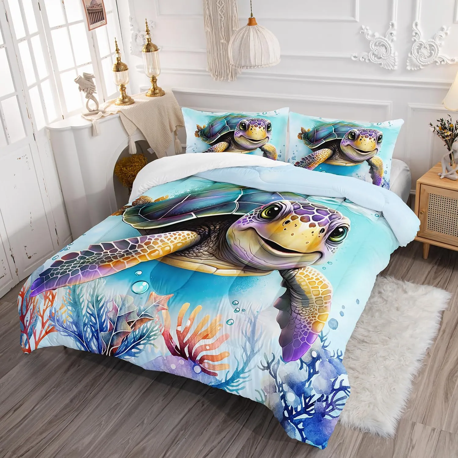 AILONEN Sea Turtle Comforter Set Full Size, Kawaii Sea Animal Bed in a Bag for Kids Girls, Tropic Animal Tie Dye Bedding Set, 3PCS 1 Quilt Set   2 Pillowcases
