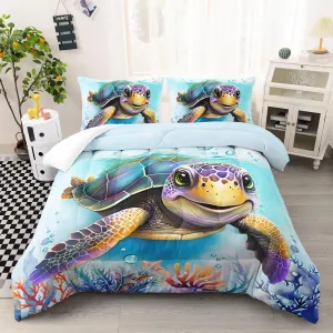 AILONEN Sea Turtle Comforter Set Full Size, Kawaii Sea Animal Bed in a Bag for Kids Girls, Tropic Animal Tie Dye Bedding Set, 3PCS 1 Quilt Set   2 Pillowcases