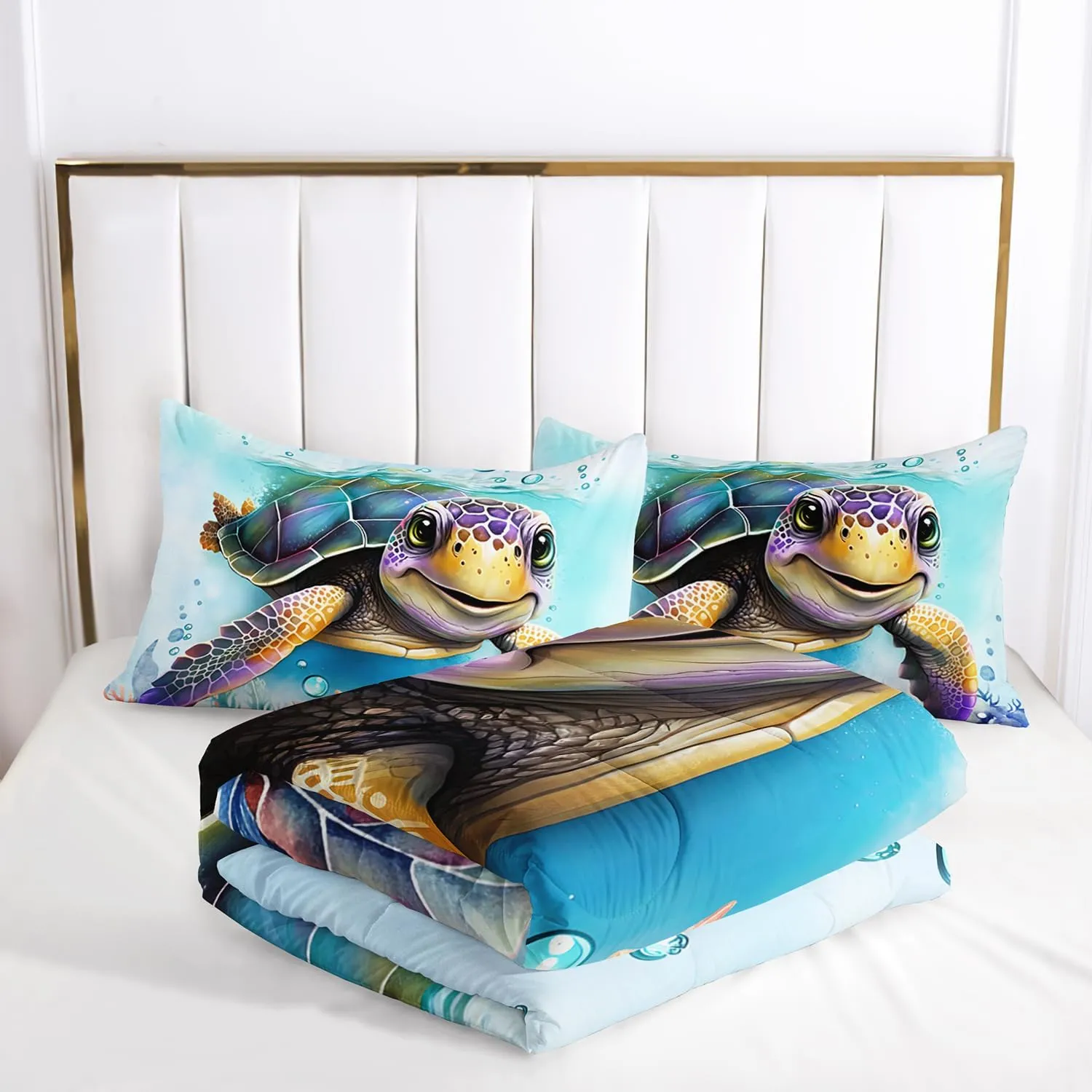 AILONEN Sea Turtle Comforter Set Full Size, Kawaii Sea Animal Bed in a Bag for Kids Girls, Tropic Animal Tie Dye Bedding Set, 3PCS 1 Quilt Set   2 Pillowcases