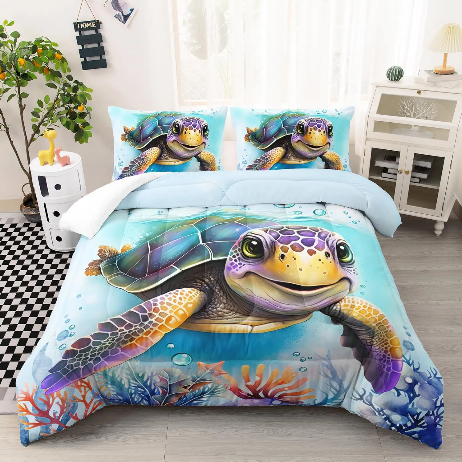 AILONEN Sea Turtle Comforter Set Full Size, Kawaii Sea Animal Bed in a Bag for Kids Girls, Tropic Animal Tie Dye Bedding Set, 3PCS 1 Quilt Set   2 Pillowcases