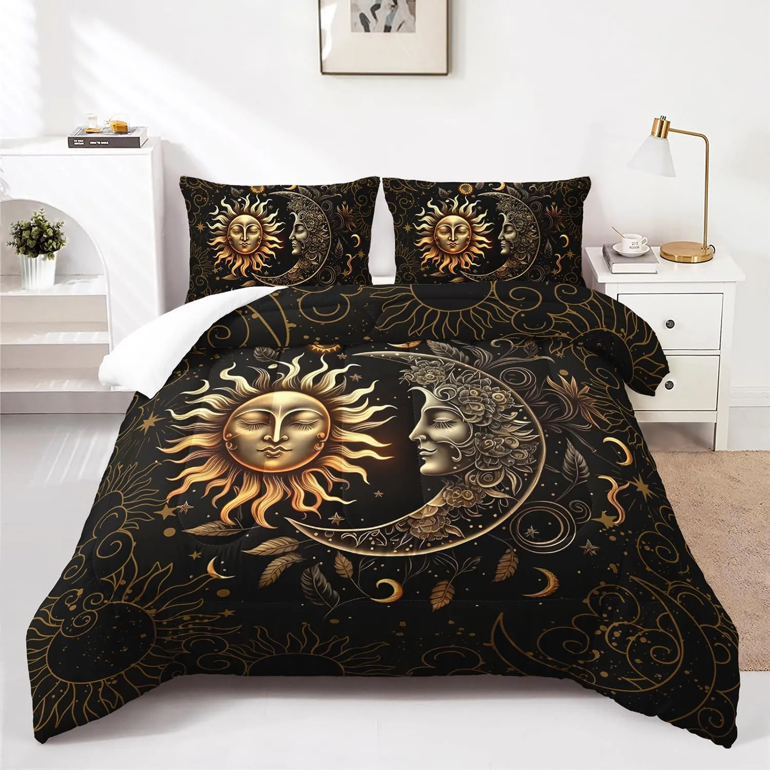 AILONEN Sun and Moon Comforter Set for Boys Girls, Full Black and Gold Mandala Boho Exotic Style Bedding Set, 3 Pieces Sky Could Star Print Bed in a Bag,1 Comforter with 2 Pillowcases