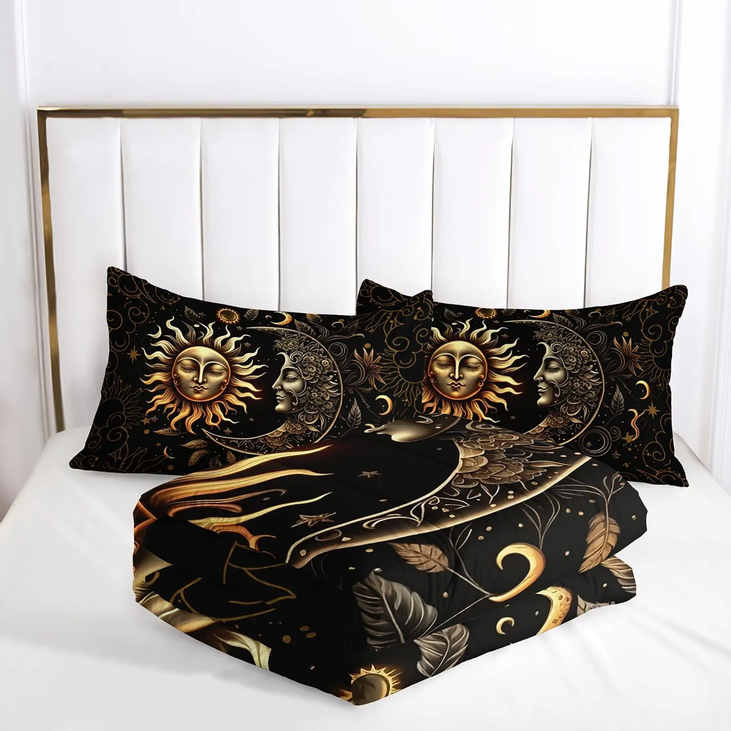 AILONEN Sun and Moon Comforter Set for Boys Girls, Full Black and Gold Mandala Boho Exotic Style Bedding Set, 3 Pieces Sky Could Star Print Bed in a Bag,1 Comforter with 2 Pillowcases