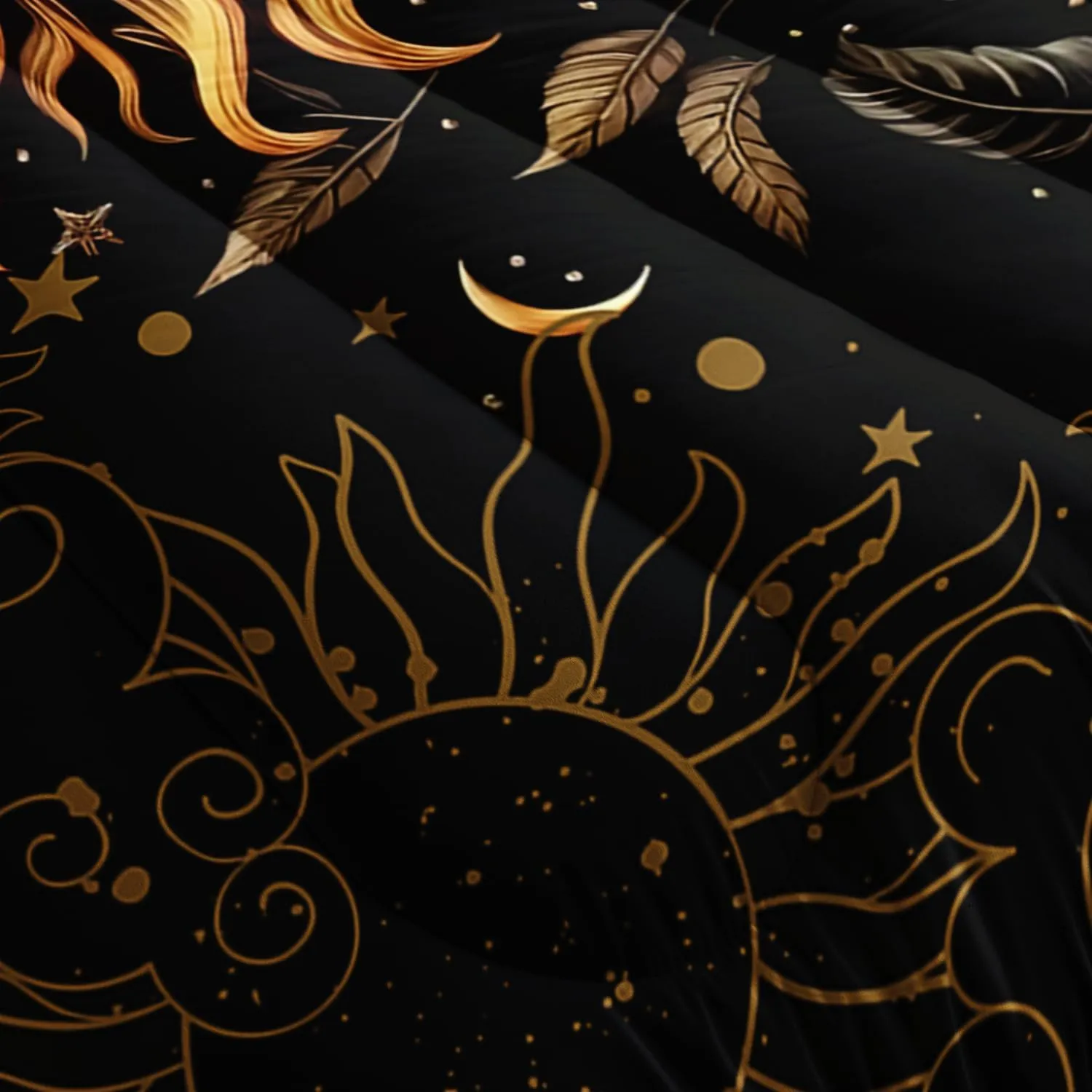 AILONEN Sun and Moon Comforter Set for Boys Girls, Full Black and Gold Mandala Boho Exotic Style Bedding Set, 3 Pieces Sky Could Star Print Bed in a Bag,1 Comforter with 2 Pillowcases