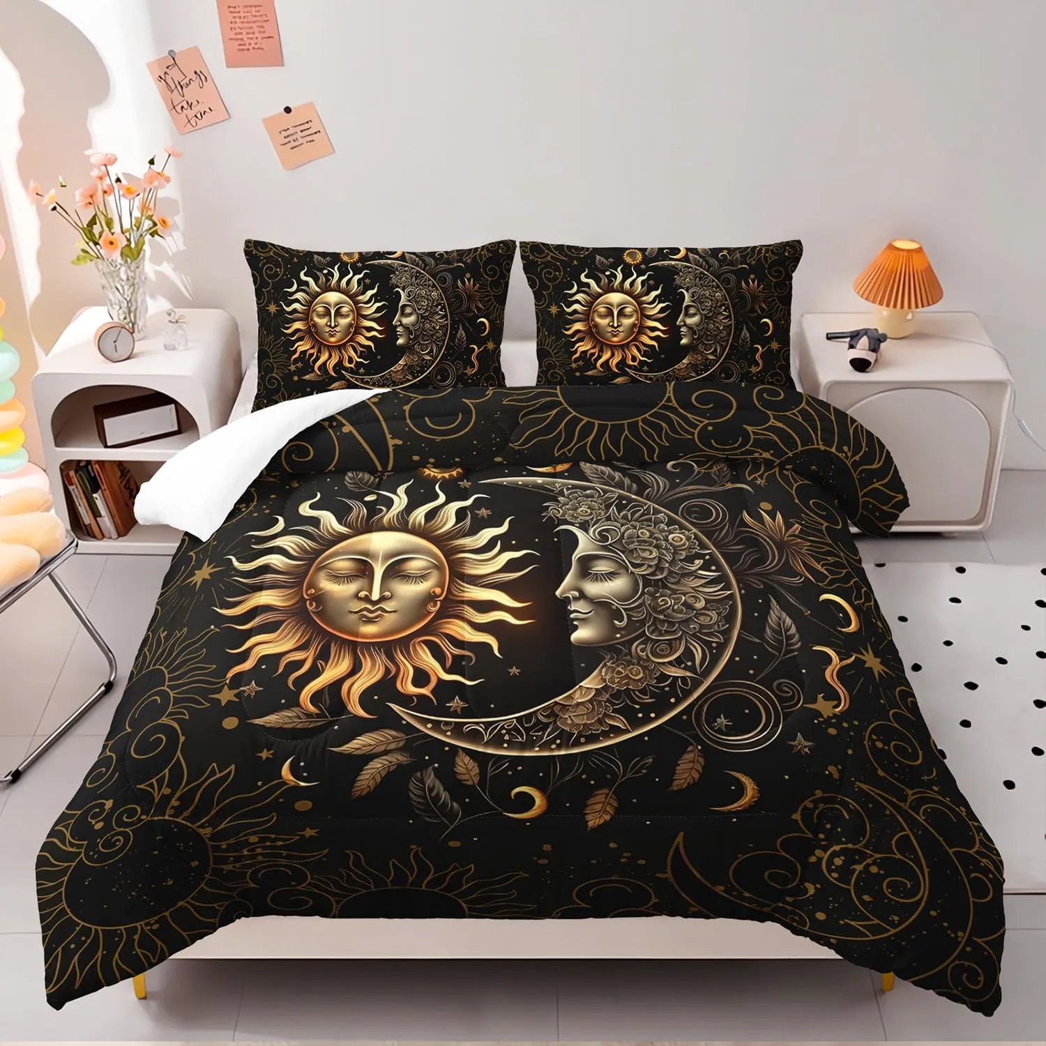 AILONEN Sun and Moon Comforter Set for Boys Girls, Full Black and Gold Mandala Boho Exotic Style Bedding Set, 3 Pieces Sky Could Star Print Bed in a Bag,1 Comforter with 2 Pillowcases