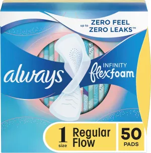 Always Infinity Feminine Pads for Women, Size 1 Regular, with Wings, unscented, 50 ct