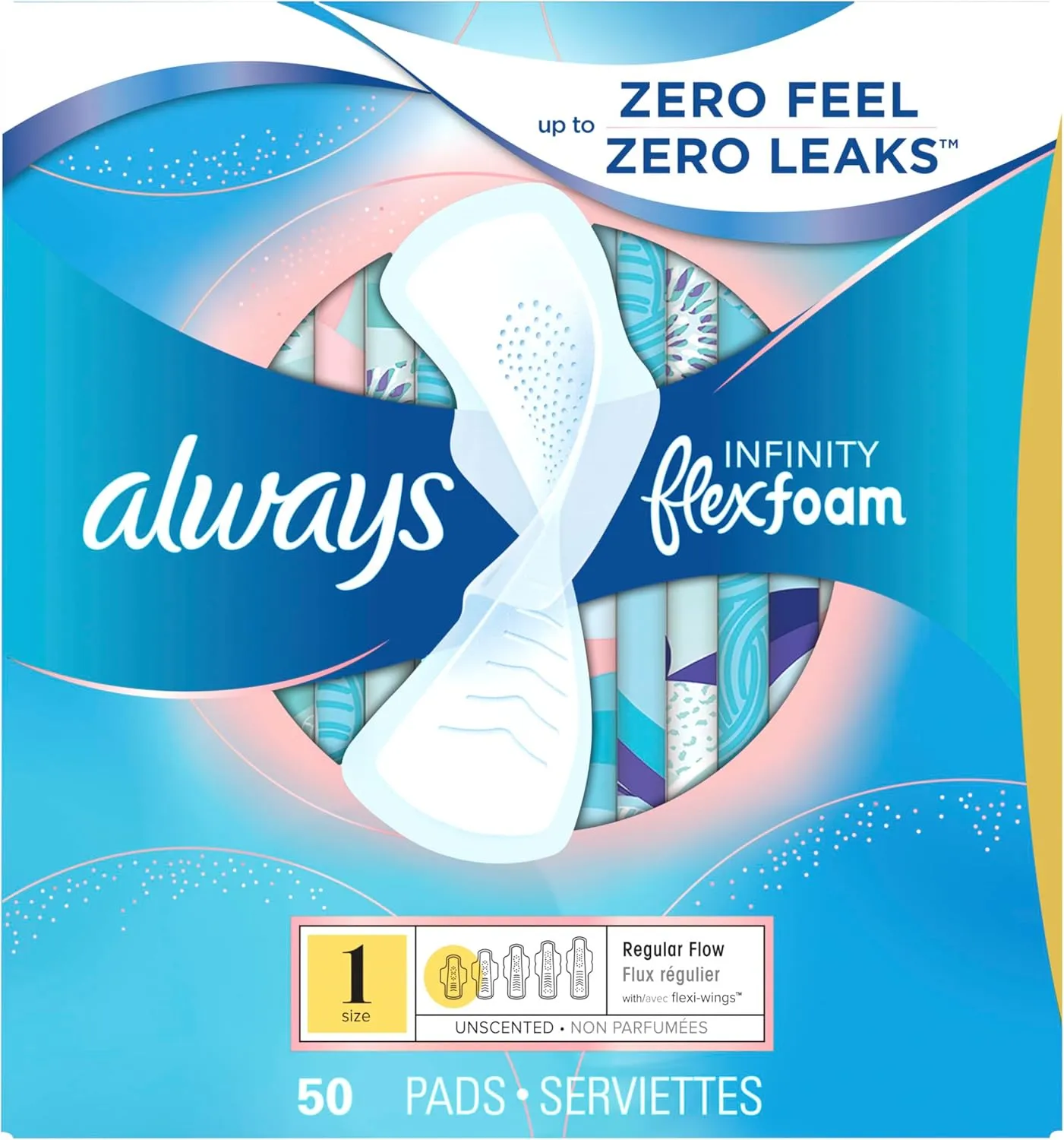 Always Infinity Feminine Pads for Women, Size 1 Regular, with Wings, unscented, 50 ct