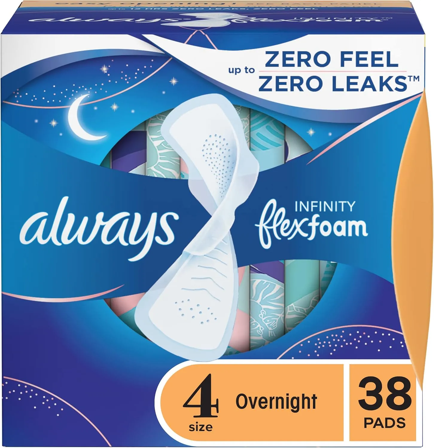 Always Infinity Feminine Pads for Women, Size 4 Overnight, with wings, unscented, 38 Count
