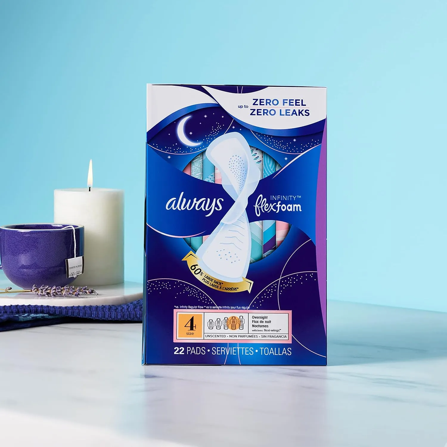 Always Infinity Feminine Pads for Women, Size 4 Overnight, with wings, unscented, 38 Count