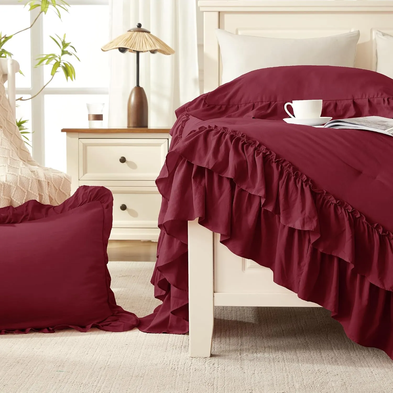 Andency Burgundy Comforter Set Queen Size, Lightweight Fluffy Farmhouse Ruffle Bedding Set, Soft Microfiber All Season Shabby Chic Bed Comforter Set 3 Pieces(1 Comforter 2 Pillowcases)