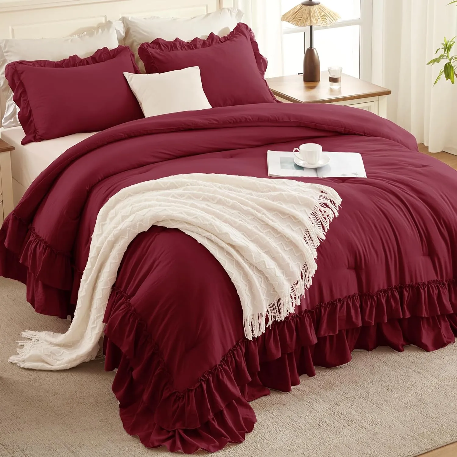 Andency Burgundy Comforter Set Queen Size, Lightweight Fluffy Farmhouse Ruffle Bedding Set, Soft Microfiber All Season Shabby Chic Bed Comforter Set 3 Pieces(1 Comforter 2 Pillowcases)