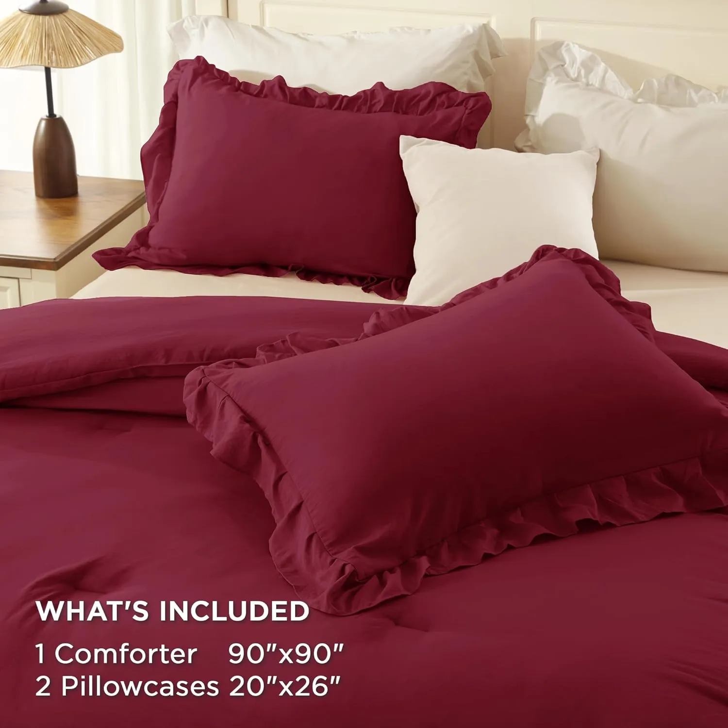 Andency Burgundy Comforter Set Queen Size, Lightweight Fluffy Farmhouse Ruffle Bedding Set, Soft Microfiber All Season Shabby Chic Bed Comforter Set 3 Pieces(1 Comforter 2 Pillowcases)
