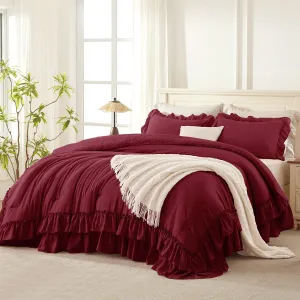 Andency Burgundy Comforter Set Queen Size, Lightweight Fluffy Farmhouse Ruffle Bedding Set, Soft Microfiber All Season Shabby Chic Bed Comforter Set 3 Pieces(1 Comforter 2 Pillowcases)