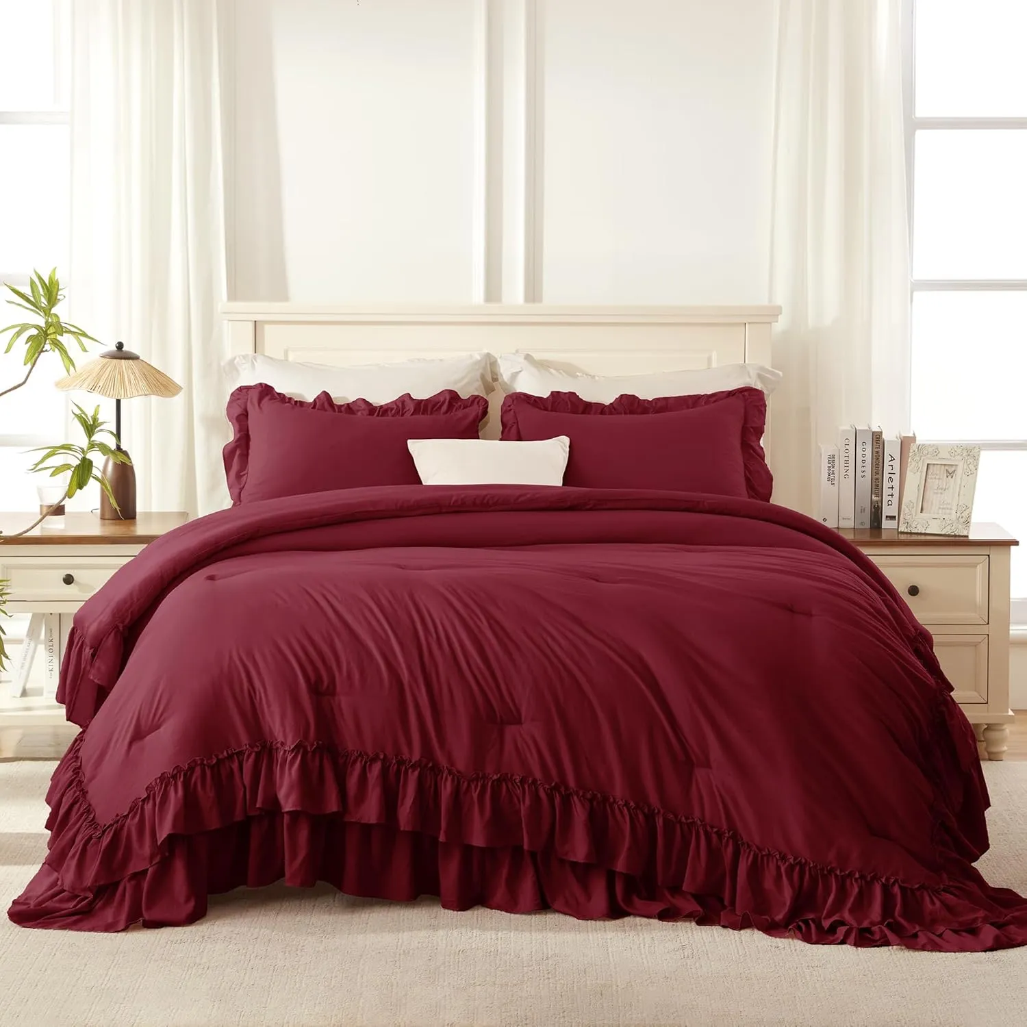 Andency Burgundy Comforter Set Queen Size, Lightweight Fluffy Farmhouse Ruffle Bedding Set, Soft Microfiber All Season Shabby Chic Bed Comforter Set 3 Pieces(1 Comforter 2 Pillowcases)