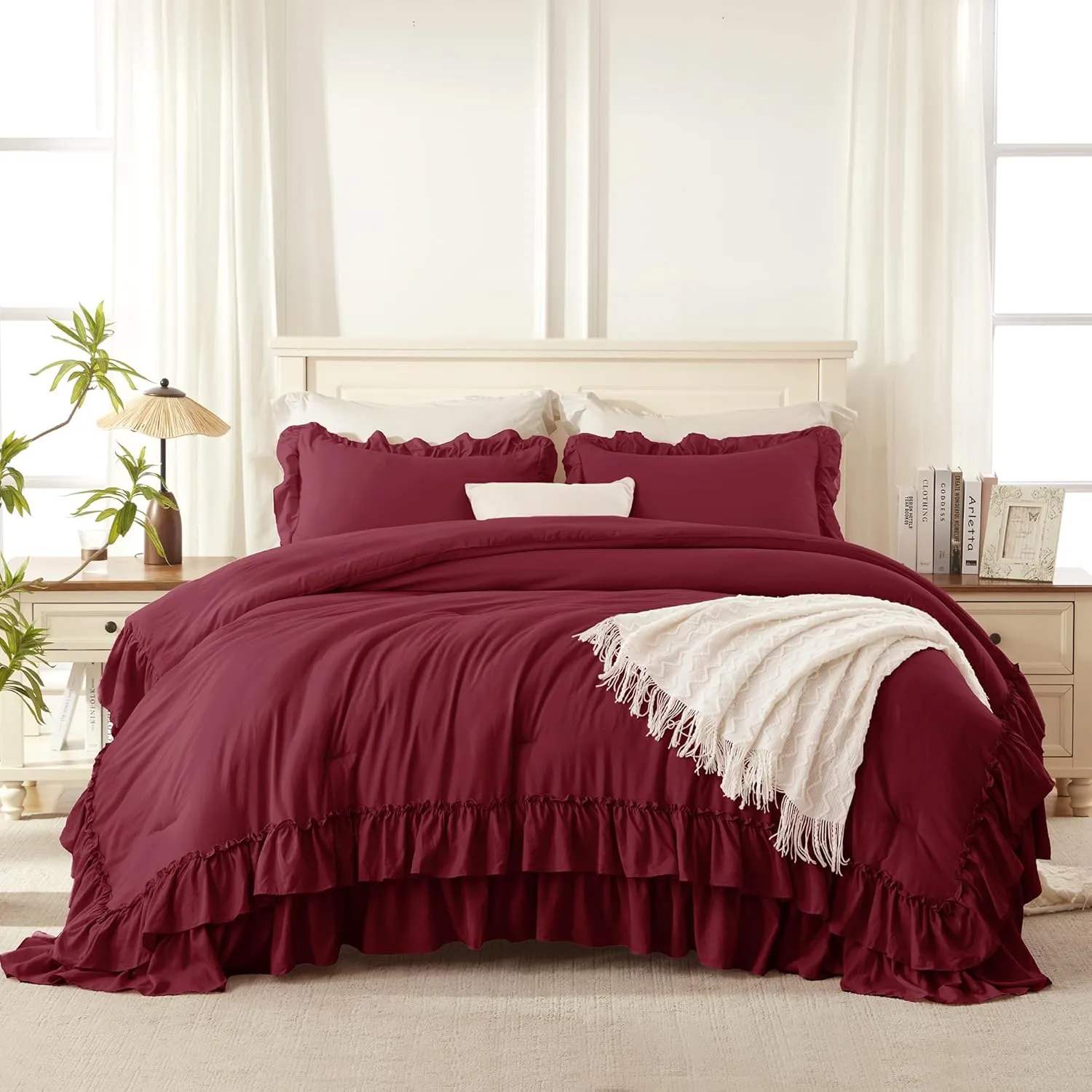 Andency Burgundy Comforter Set Queen Size, Lightweight Fluffy Farmhouse Ruffle Bedding Set, Soft Microfiber All Season Shabby Chic Bed Comforter Set 3 Pieces(1 Comforter 2 Pillowcases)