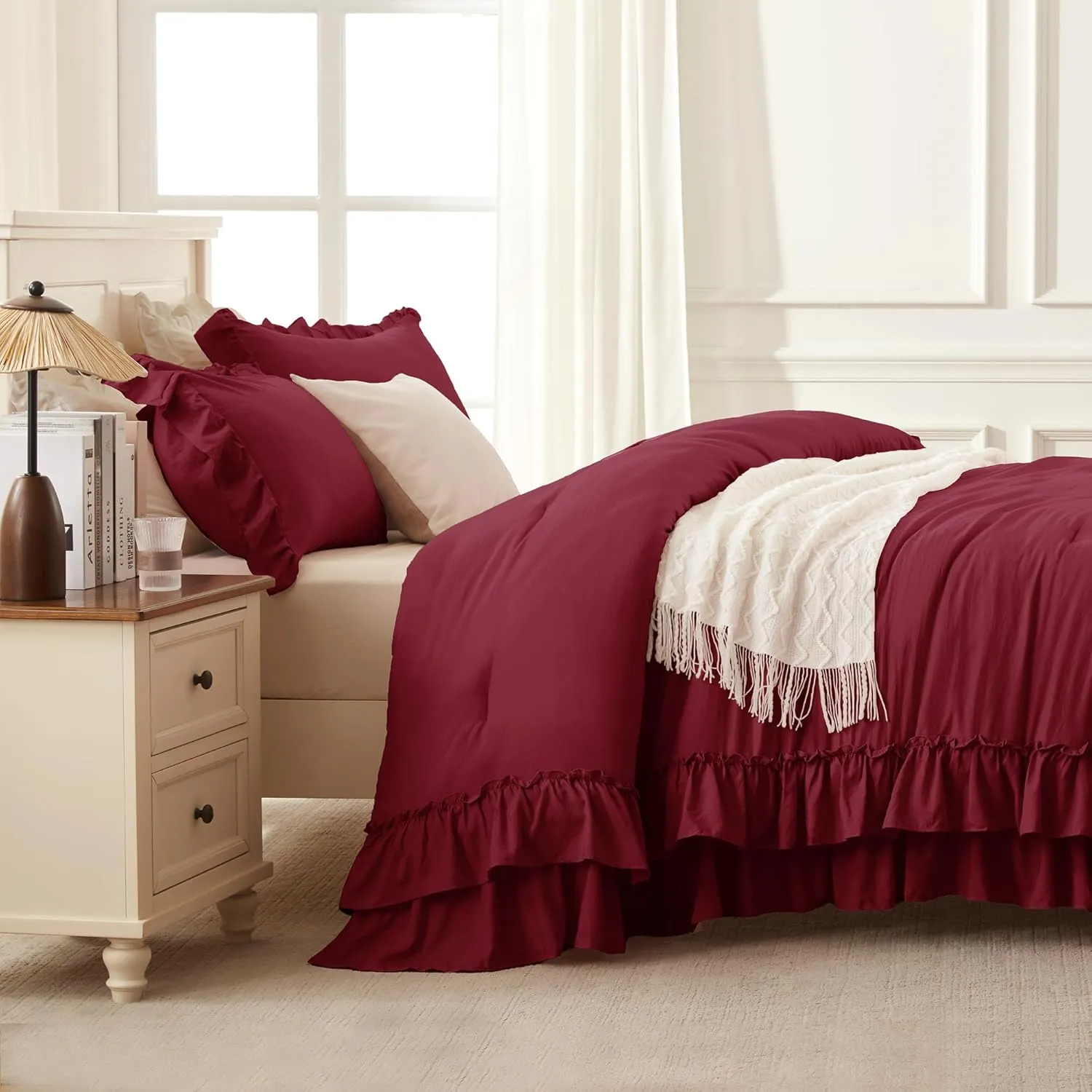 Andency Burgundy Comforter Set Queen Size, Lightweight Fluffy Farmhouse Ruffle Bedding Set, Soft Microfiber All Season Shabby Chic Bed Comforter Set 3 Pieces(1 Comforter 2 Pillowcases)