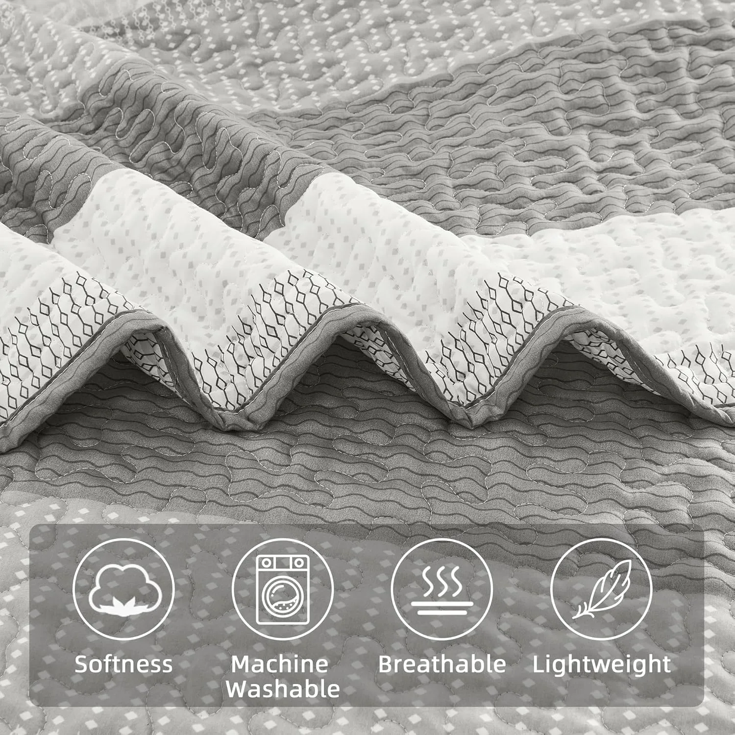 Andency Grey Striped Quilt Set Cal King(104x112Inch), 3 Pieces (1 Quilt and 2 Pillowcases) Patchwork Bedspread Coverlet Set, Soft Lightweight Quilted Bedding Set