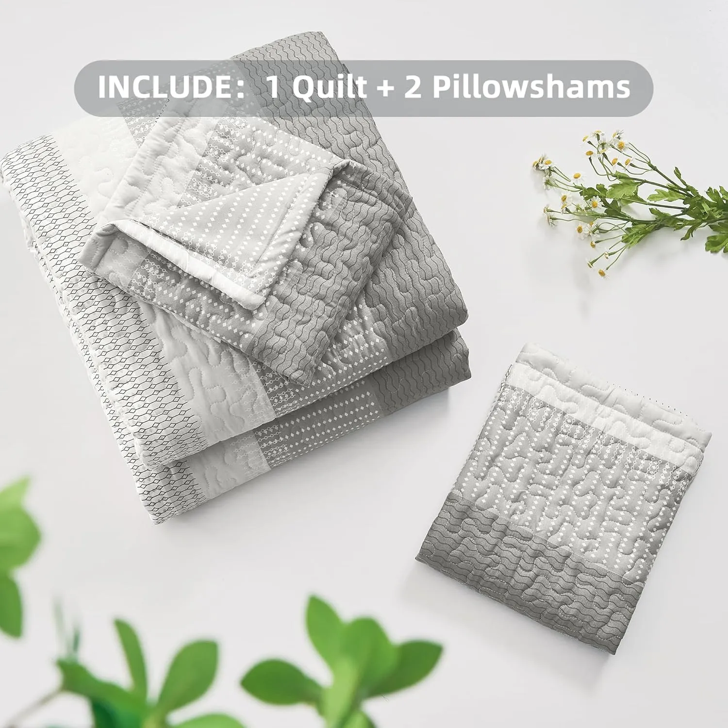 Andency Grey Striped Quilt Set Cal King(104x112Inch), 3 Pieces (1 Quilt and 2 Pillowcases) Patchwork Bedspread Coverlet Set, Soft Lightweight Quilted Bedding Set