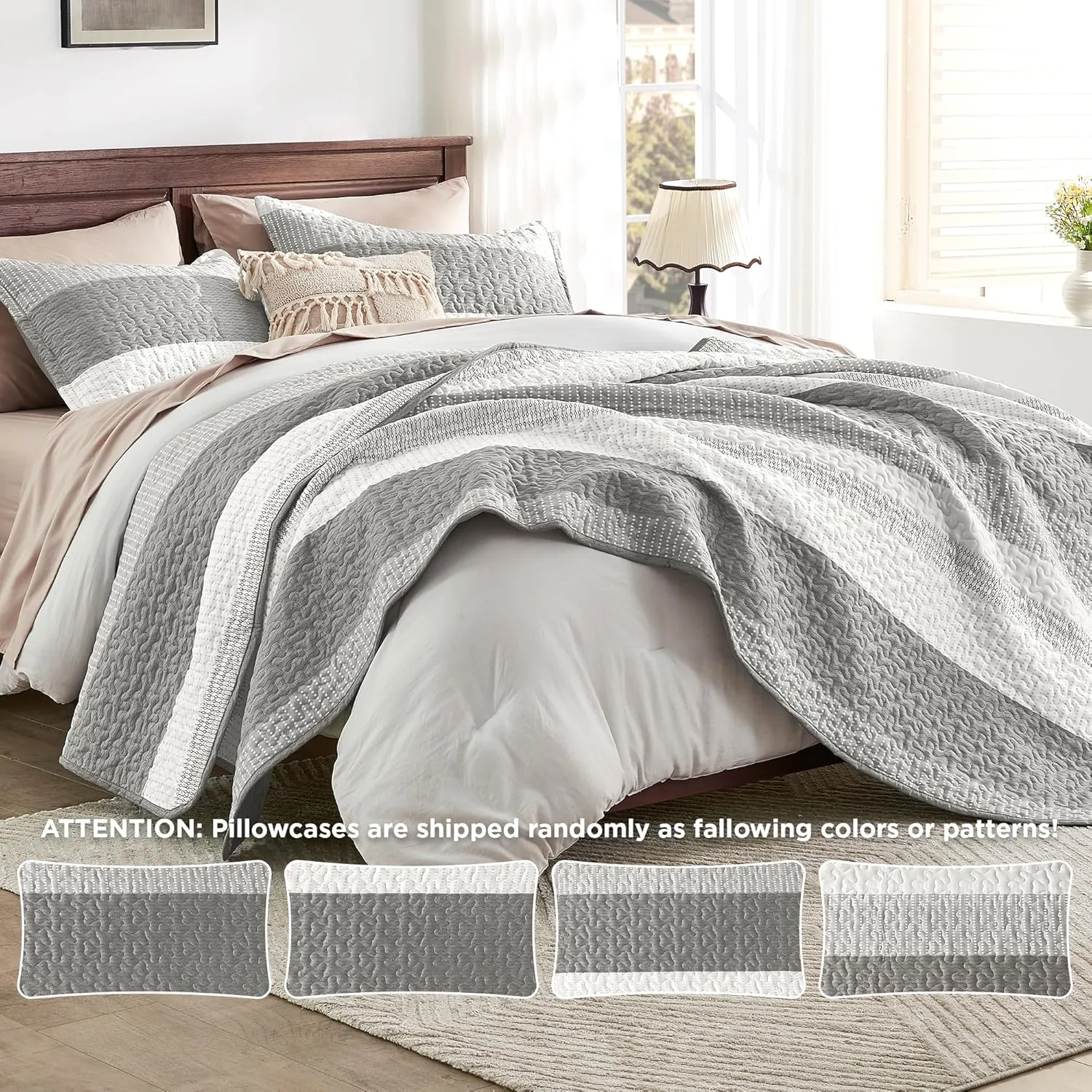 Andency Grey Striped Quilt Set Cal King(104x112Inch), 3 Pieces (1 Quilt and 2 Pillowcases) Patchwork Bedspread Coverlet Set, Soft Lightweight Quilted Bedding Set