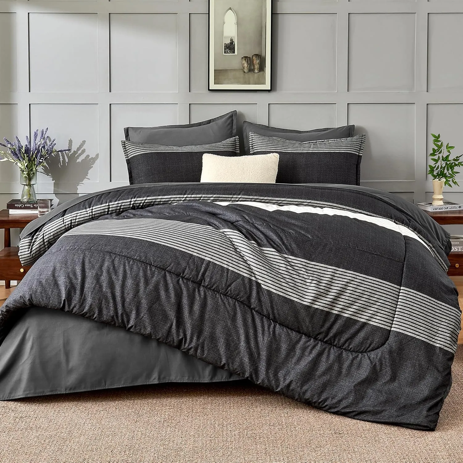 Andency Queen Comforter Set 7 Pieces Bed in a Bag - Black White Grey Striped Lightweight Soft Microfiber All Season Queen Size Bedding Set with Comforter, Fitted & Flat Sheet, Pillowcases & Shams