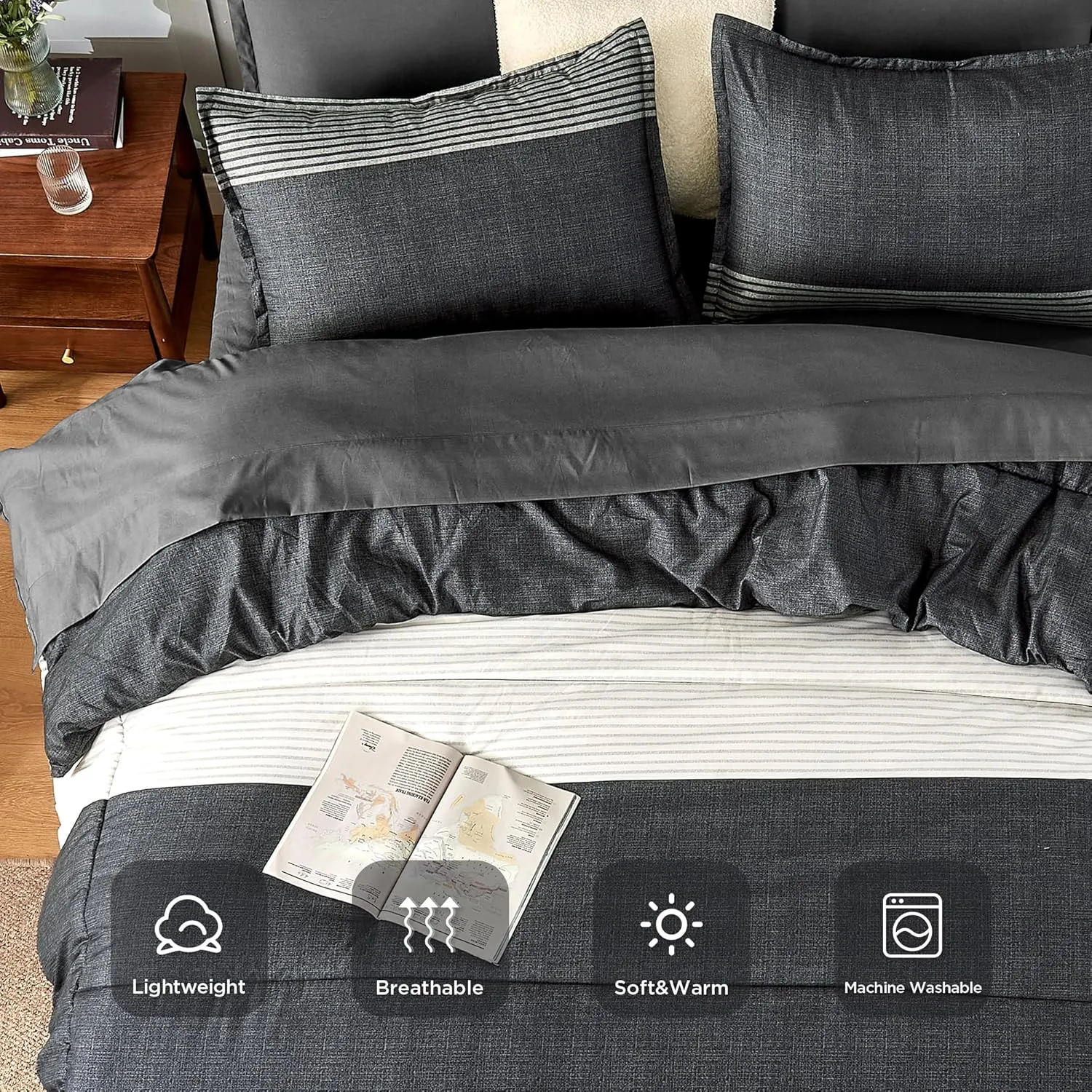 Andency Queen Comforter Set 7 Pieces Bed in a Bag - Black White Grey Striped Lightweight Soft Microfiber All Season Queen Size Bedding Set with Comforter, Fitted & Flat Sheet, Pillowcases & Shams