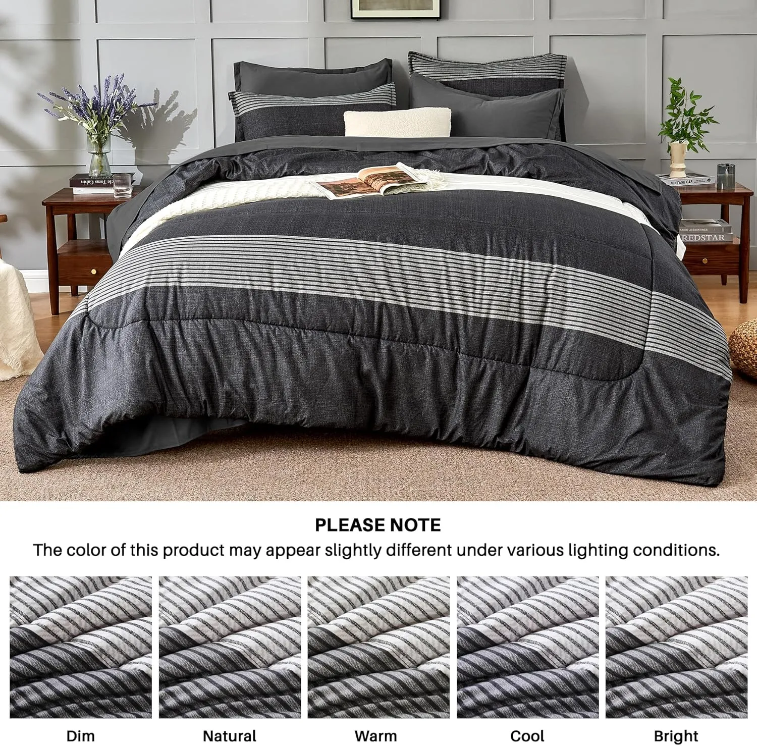 Andency Queen Comforter Set 7 Pieces Bed in a Bag - Black White Grey Striped Lightweight Soft Microfiber All Season Queen Size Bedding Set with Comforter, Fitted & Flat Sheet, Pillowcases & Shams
