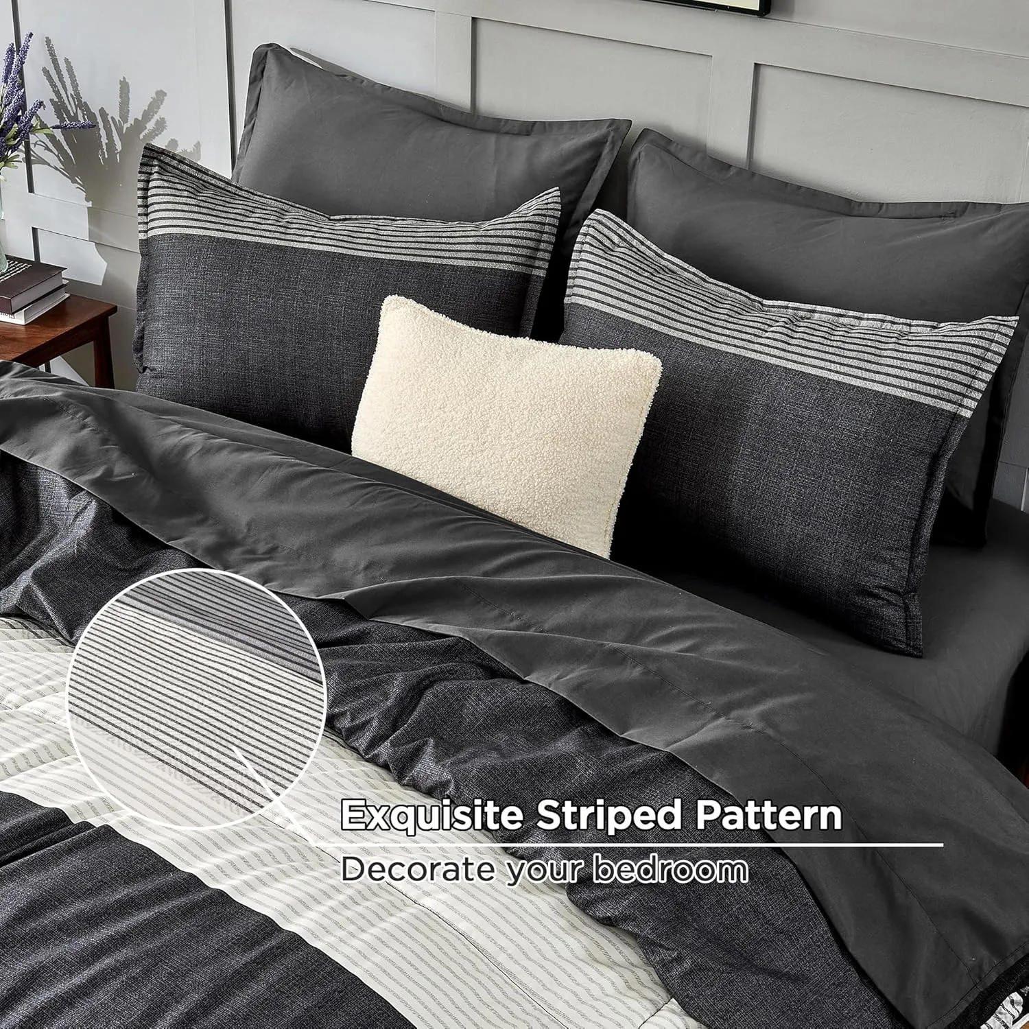 Andency Queen Comforter Set 7 Pieces Bed in a Bag - Black White Grey Striped Lightweight Soft Microfiber All Season Queen Size Bedding Set with Comforter, Fitted & Flat Sheet, Pillowcases & Shams