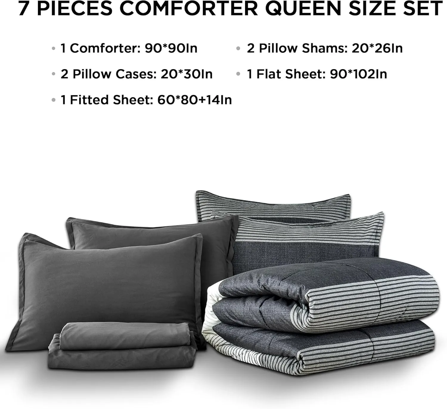 Andency Queen Comforter Set 7 Pieces Bed in a Bag - Black White Grey Striped Lightweight Soft Microfiber All Season Queen Size Bedding Set with Comforter, Fitted & Flat Sheet, Pillowcases & Shams