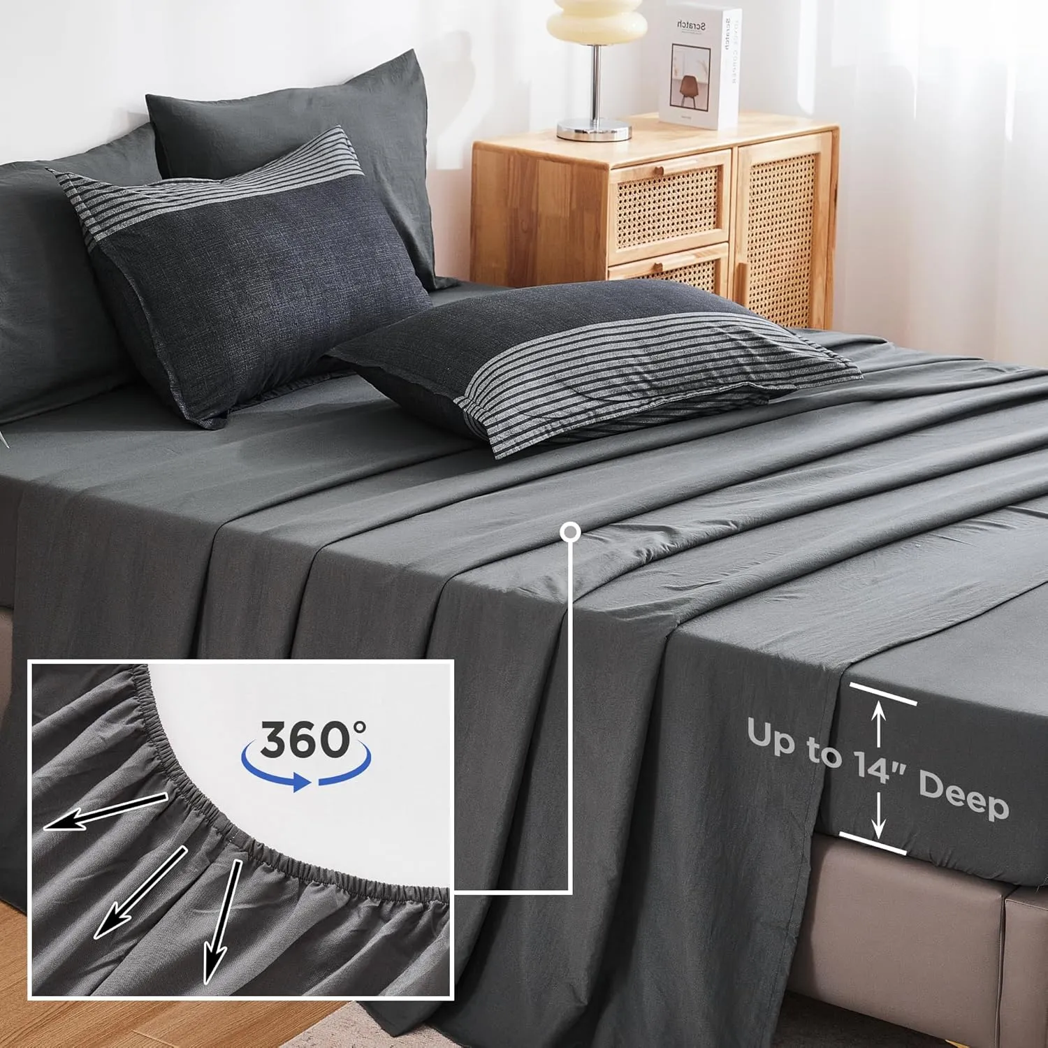 Andency Queen Comforter Set 7 Pieces Bed in a Bag - Black White Grey Striped Lightweight Soft Microfiber All Season Queen Size Bedding Set with Comforter, Fitted & Flat Sheet, Pillowcases & Shams