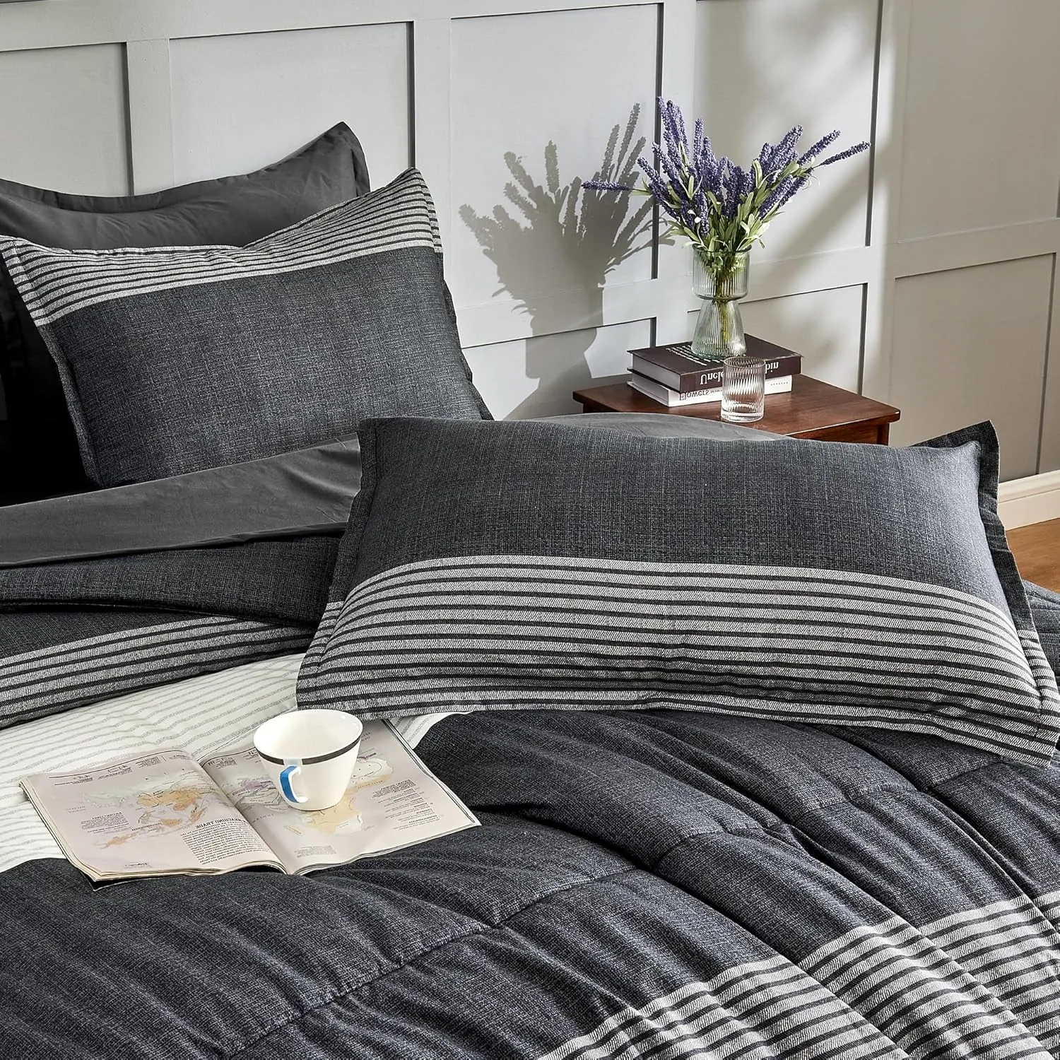 Andency Queen Comforter Set 7 Pieces Bed in a Bag - Black White Grey Striped Lightweight Soft Microfiber All Season Queen Size Bedding Set with Comforter, Fitted & Flat Sheet, Pillowcases & Shams