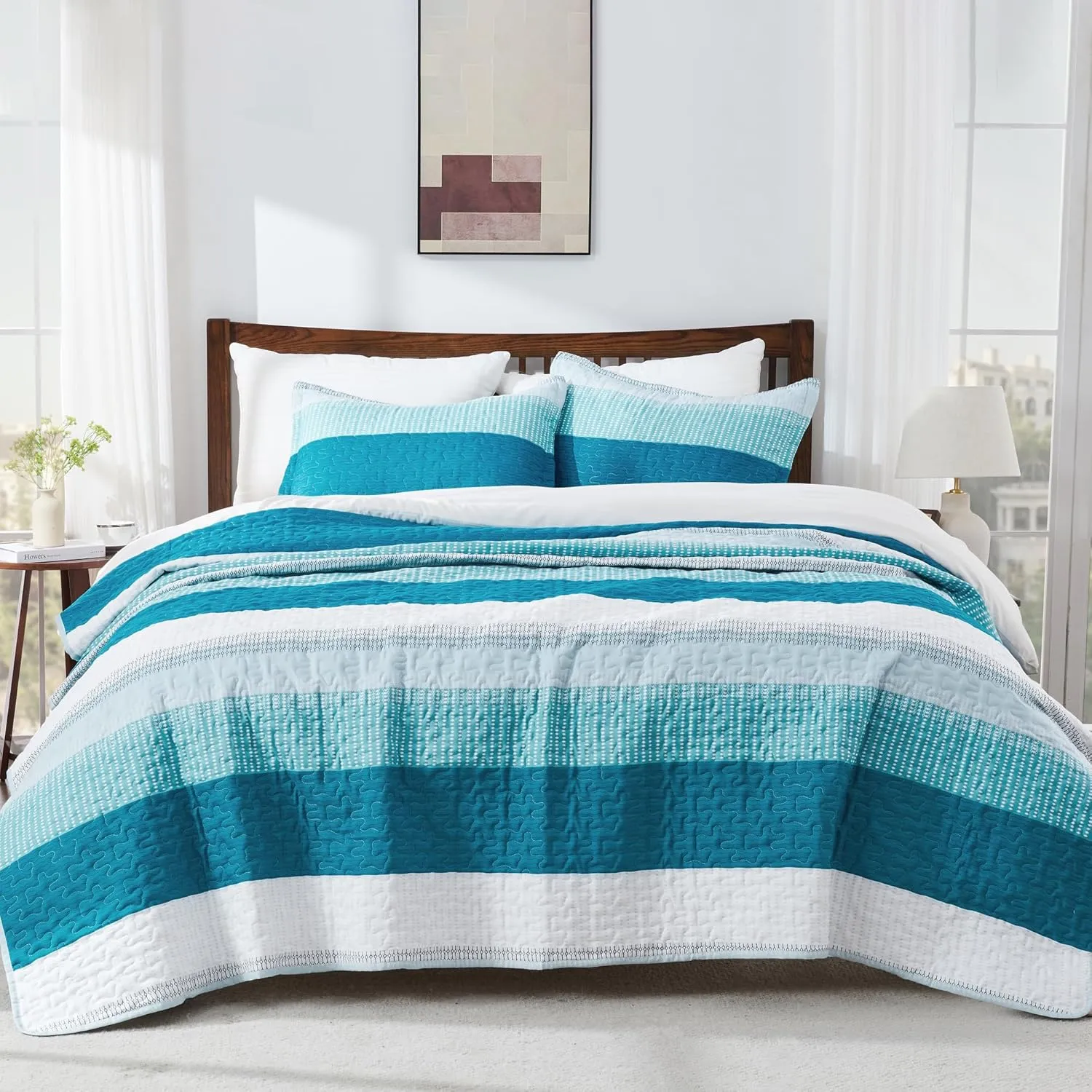 Andency Teal and White Striped Quilt Set Cal King(104x112Inch), 3 Pieces (1 Quilt and 2 Pillowcases) Patchwork Bedspread Coverlet Set, Soft Lightweight Quilted Bedding Set