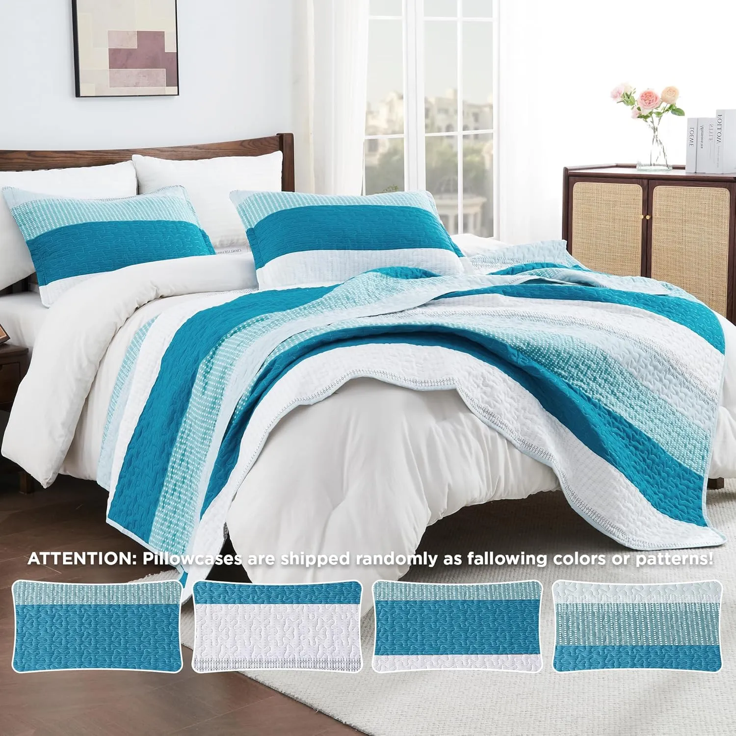 Andency Teal and White Striped Quilt Set Cal King(104x112Inch), 3 Pieces (1 Quilt and 2 Pillowcases) Patchwork Bedspread Coverlet Set, Soft Lightweight Quilted Bedding Set