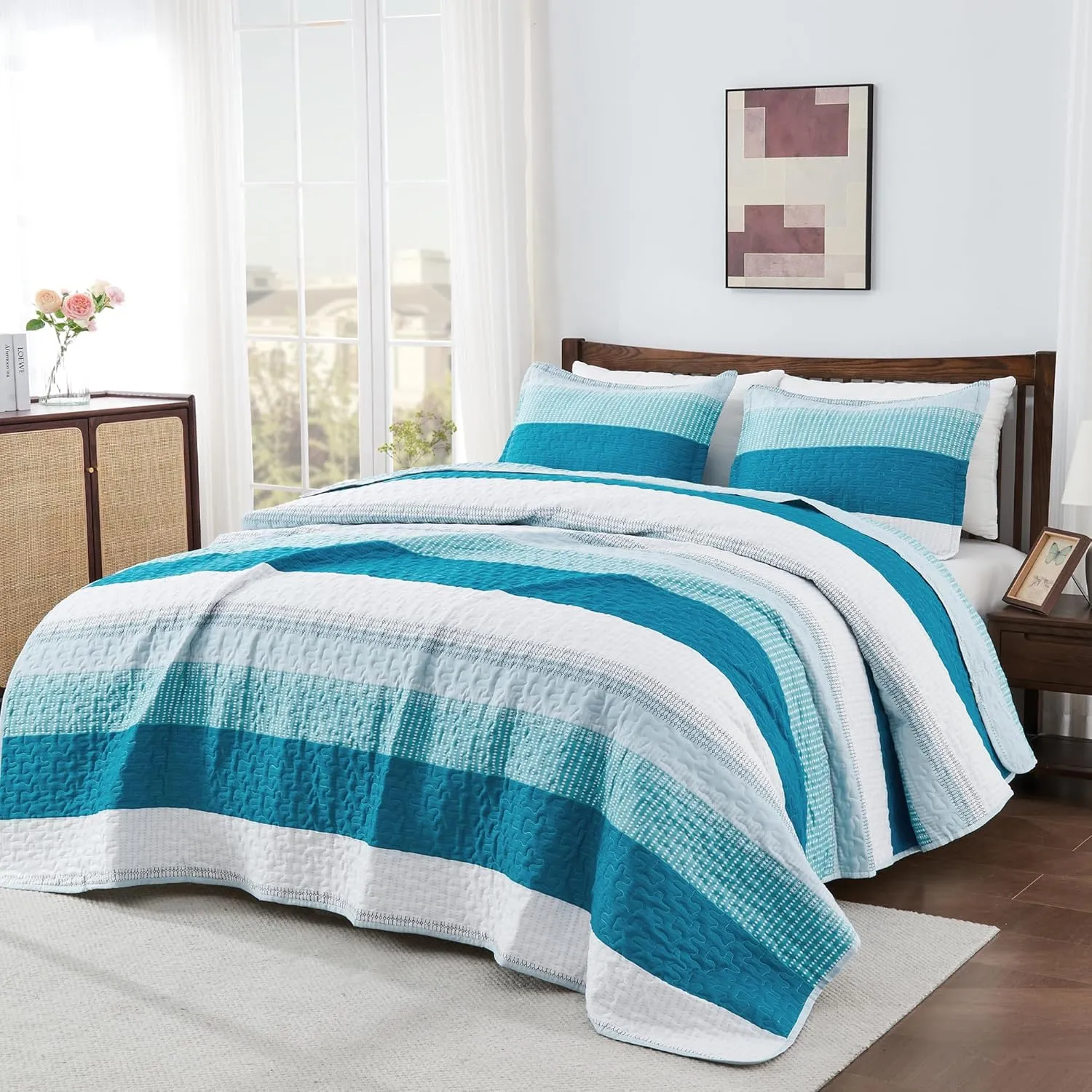 Andency Teal and White Striped Quilt Set Cal King(104x112Inch), 3 Pieces (1 Quilt and 2 Pillowcases) Patchwork Bedspread Coverlet Set, Soft Lightweight Quilted Bedding Set