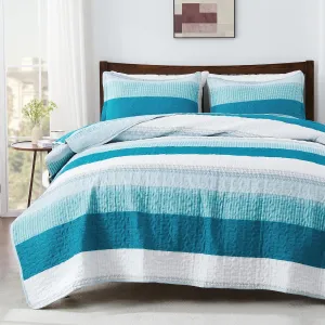 Andency Teal and White Striped Quilt Set Cal King(104x112Inch), 3 Pieces (1 Quilt and 2 Pillowcases) Patchwork Bedspread Coverlet Set, Soft Lightweight Quilted Bedding Set