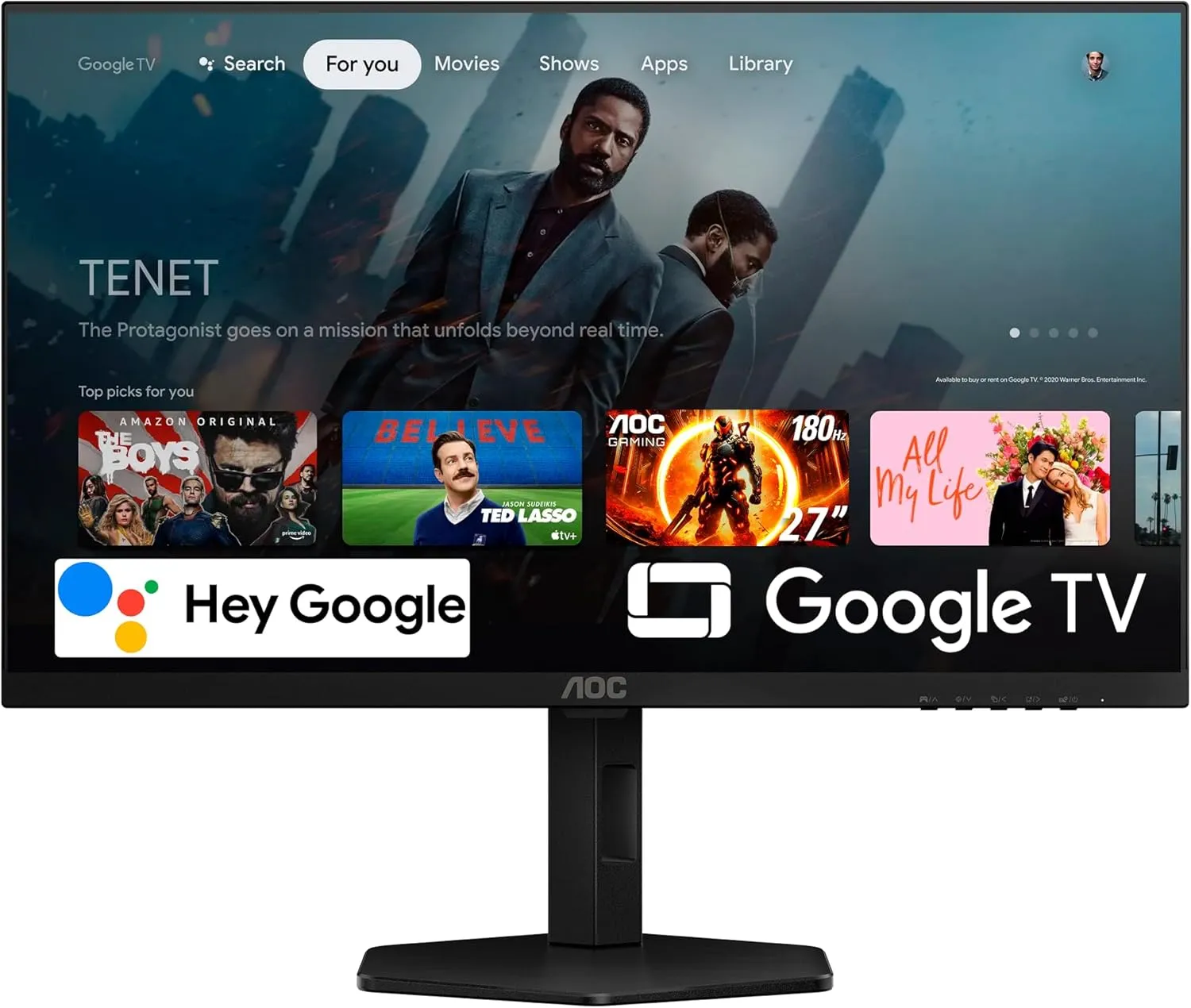 AOC Gaming Q27G4XY 27" Smart Gaming Monitor - QHD 2560x1440, 180Hz, VA Panel, Google Smart OS, USB-C 65W PD, AMD FreeSync, G-SYNC Compatible, Built in Speakers