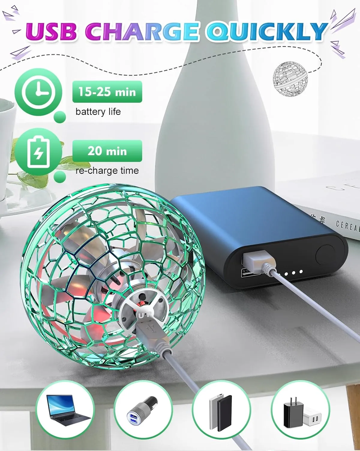ATHLERIA Green Magic Flying Orb Ball with Lights,Cool Stuff Gadgets Christmas Birthday Gift Ideas for Boy Girl Teen 6 7 8 9 10  Year,Indoor Outside Hover Boomerang Mini Drones