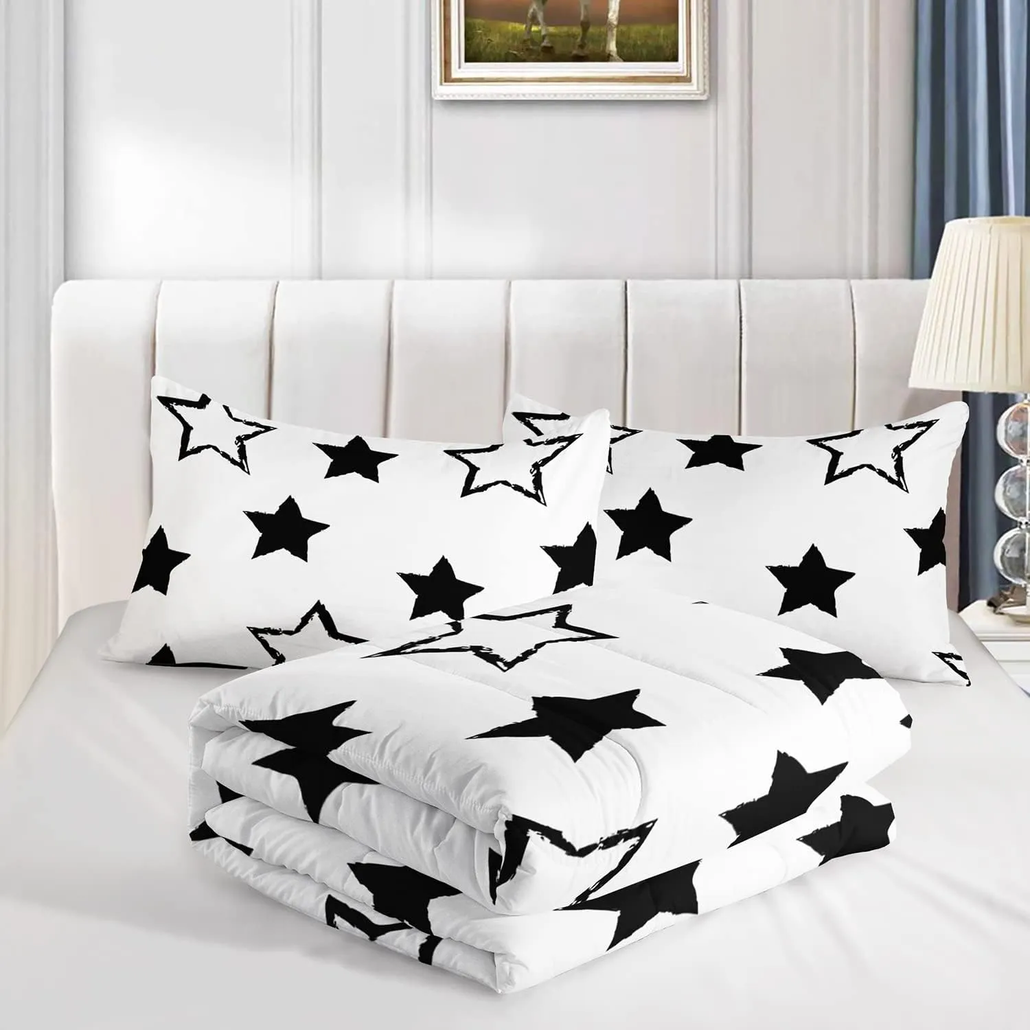 Axolotl Kids Queen Bedding Comforter Set,3Pcs Super Cute Soft Black and White Stars Quilt Set Bed in A Bag with 1 Comforter 2 Pillowcases for Kids Boys Girls Teens Adults Room Decor All Season